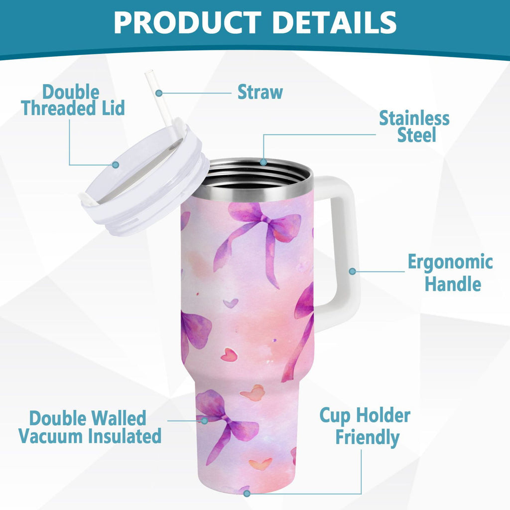 30 oz Insulated Stainless Steel Tumbler Double Wall Stainless Steel Tumbler with 2-Way Drinking Watercolor Purple Bows M591S