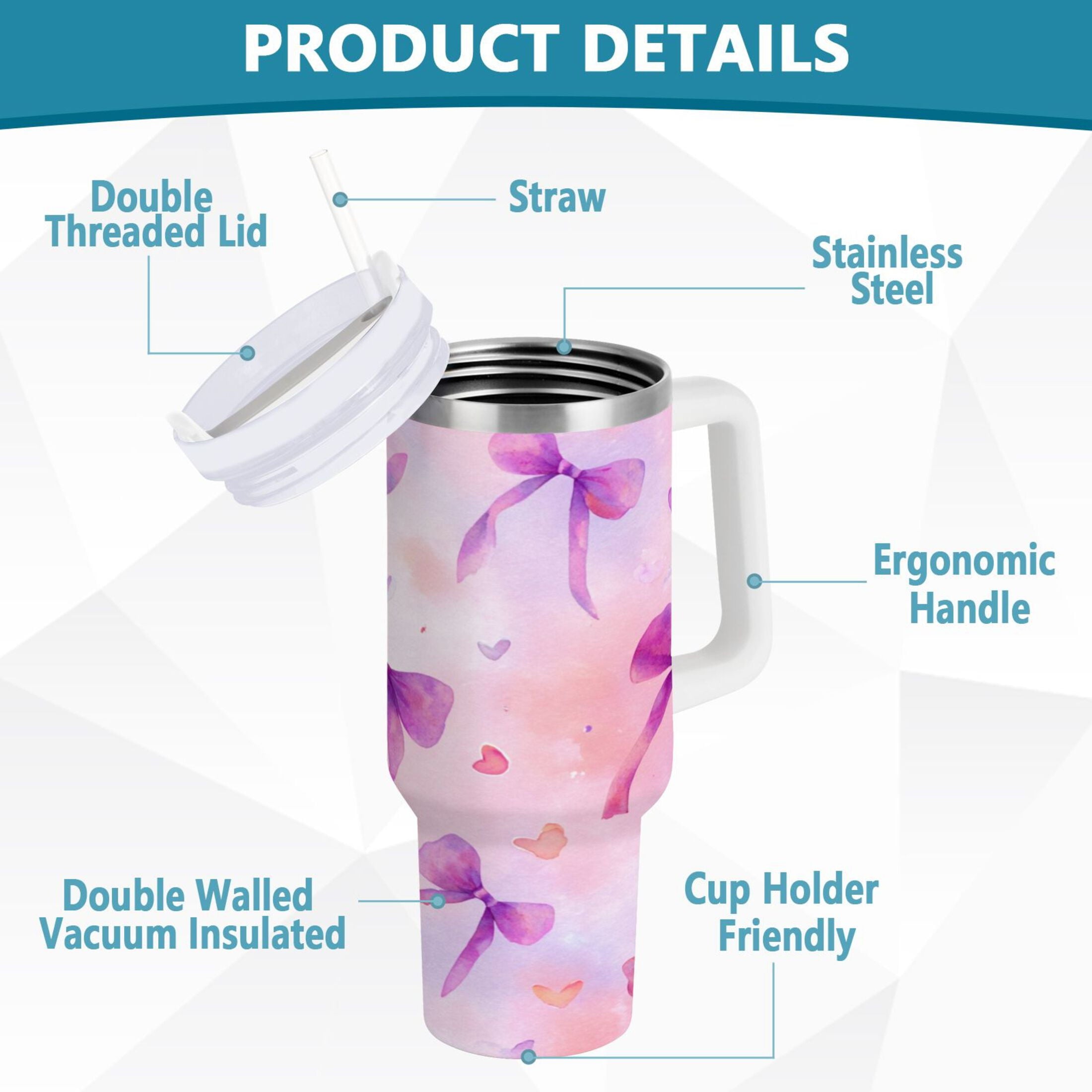 30 oz Insulated Stainless Steel Tumbler Double Wall Stainless Steel Tumbler with 2-Way Drinking Watercolor Purple Bows M591S