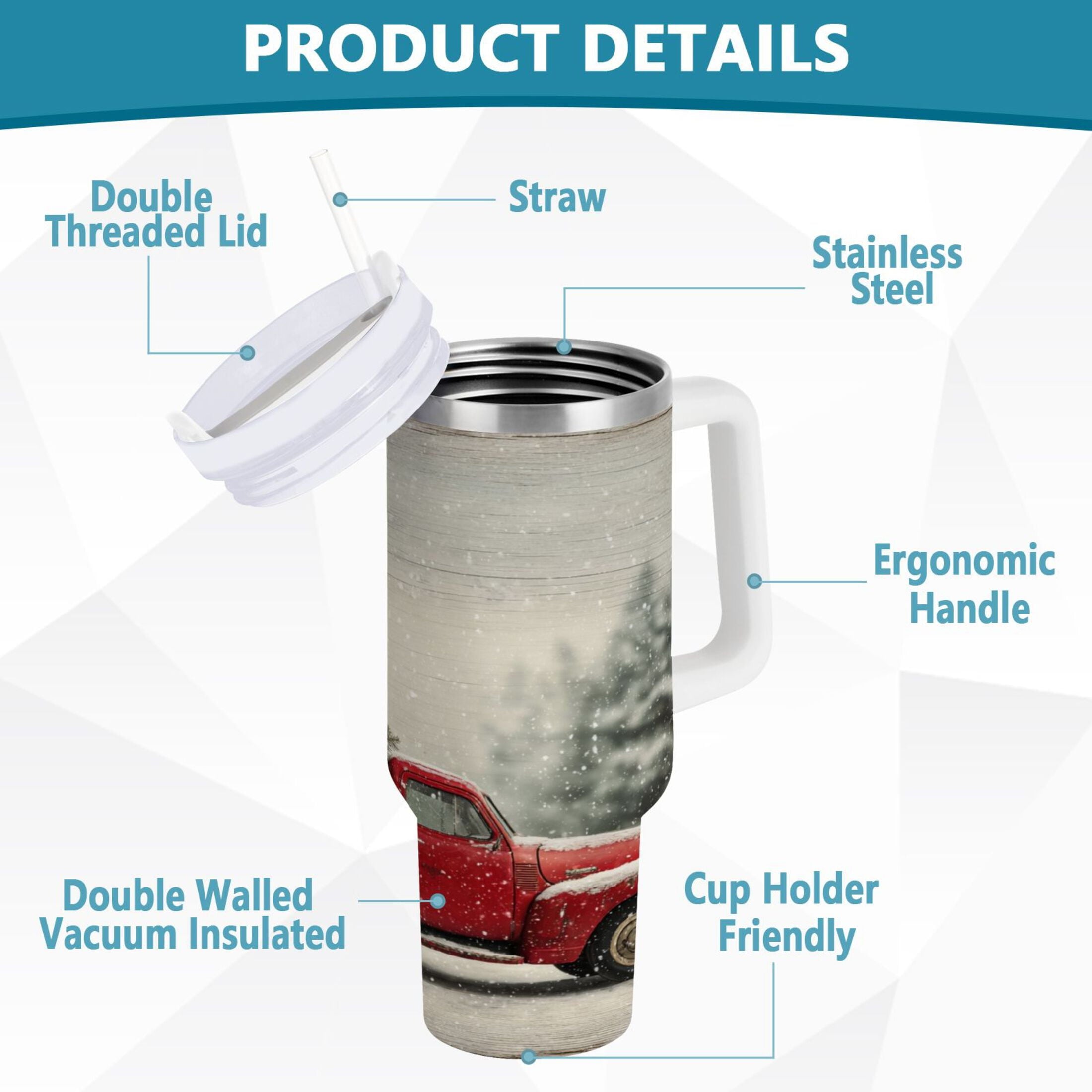 40 oz Insulated Stainless Steel Tumbler Double Wall Stainless Steel Tumbler with 2-Way Drinking Vintage Red Truck M631G