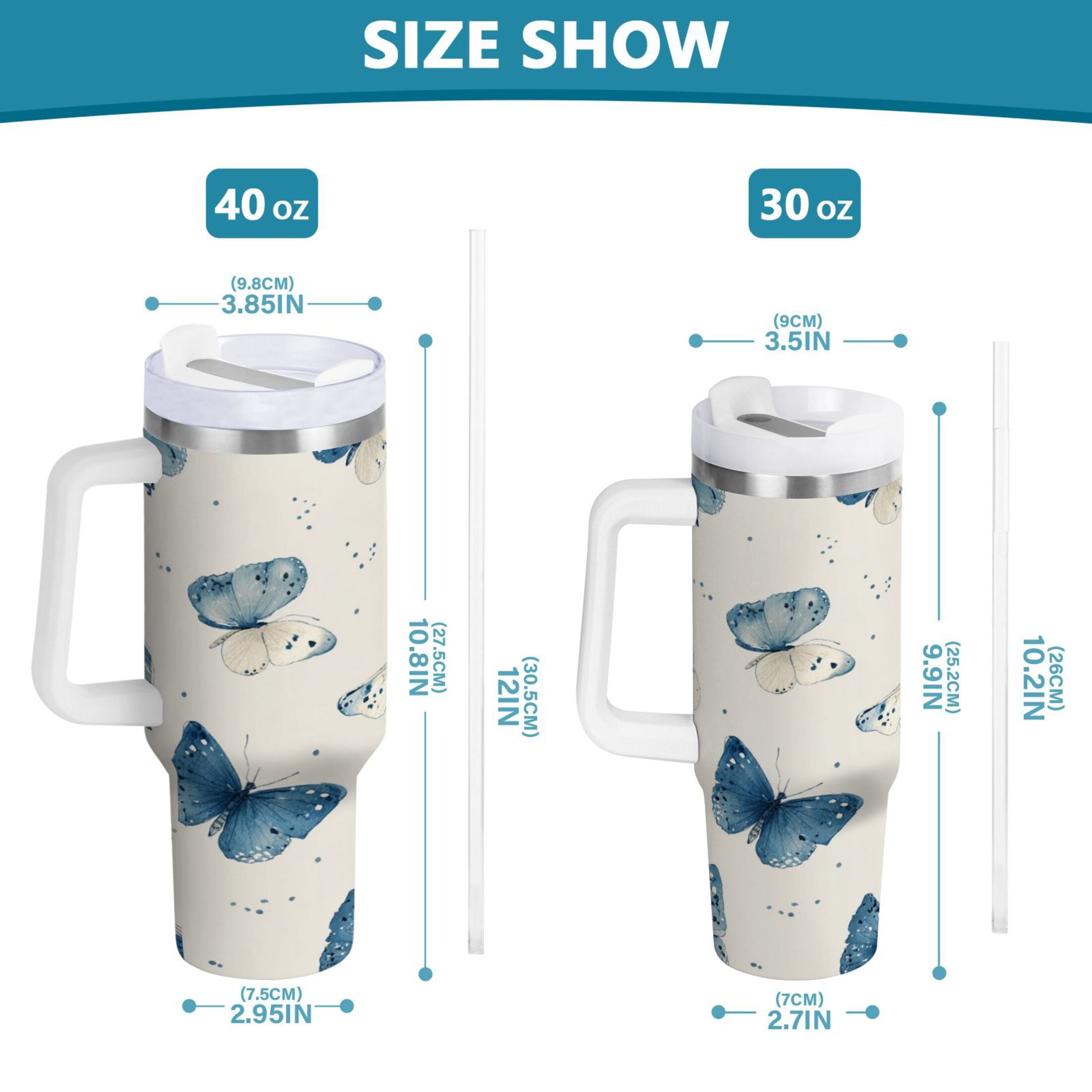 30 oz Insulated Stainless Steel Tumbler Double Wall Stainless Steel Tumbler with 2-Way Drinking Blue Watercolor Butterflies M572Q