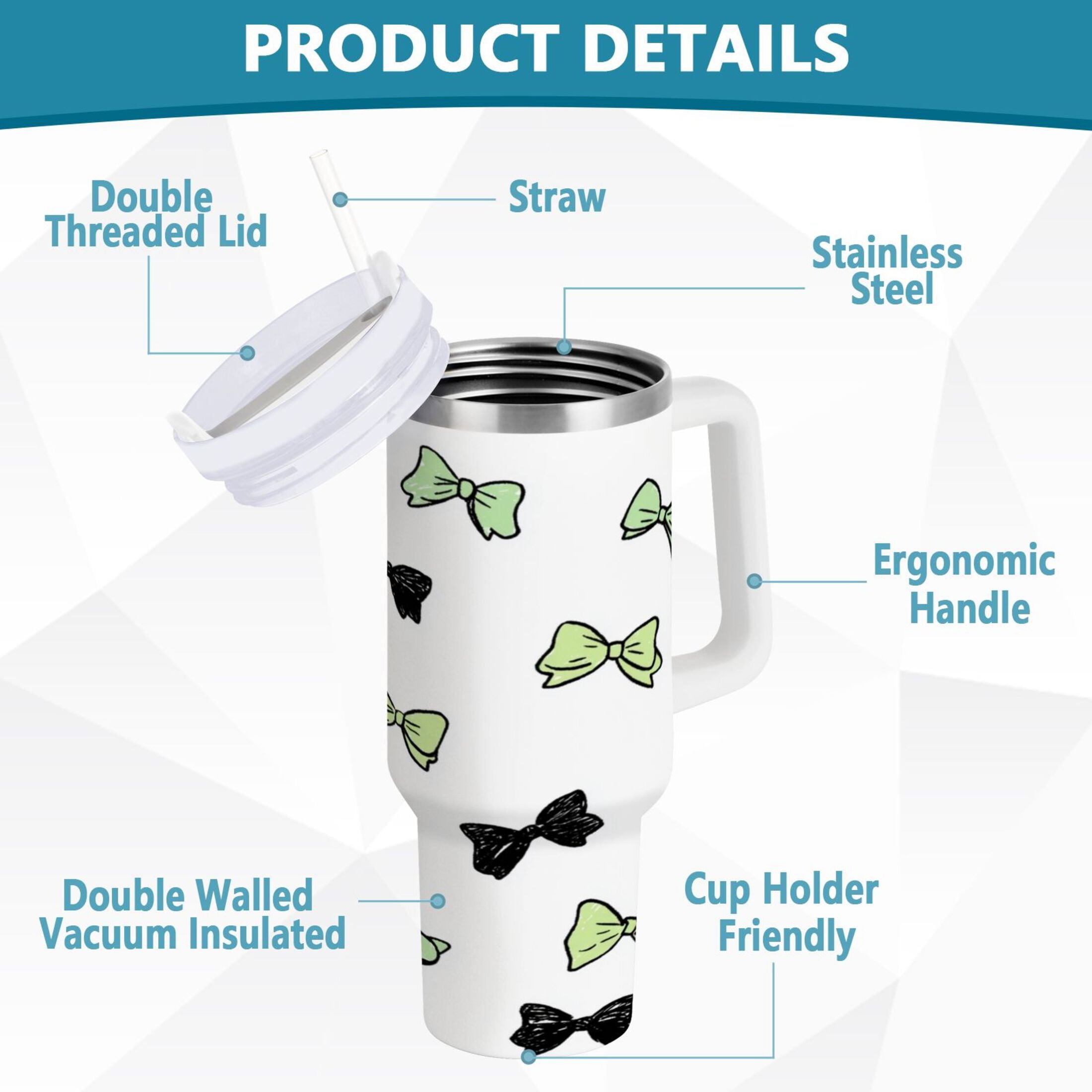 40 oz Insulated Stainless Steel Tumbler Double Wall Stainless Steel Tumbler with 2-Way Drinking Green and Black Bows M553F