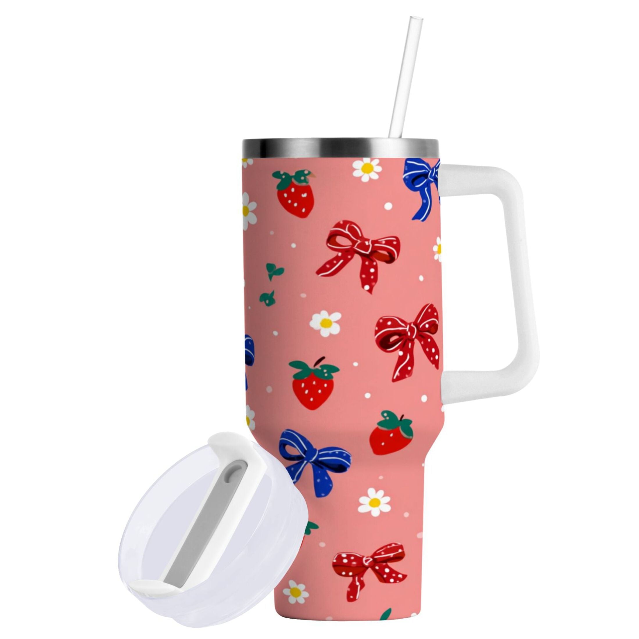 40 oz Insulated Stainless Steel Tumbler Double Wall Stainless Steel Tumbler with 2-Way Drinking Bows and Strawberries Pattern M511S
