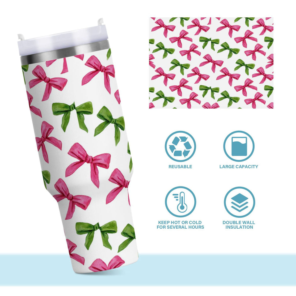 30 oz Insulated Stainless Steel Tumbler Double Wall Stainless Steel Tumbler with 2-Way Drinking Pink Bows and Green Ribbons M649C