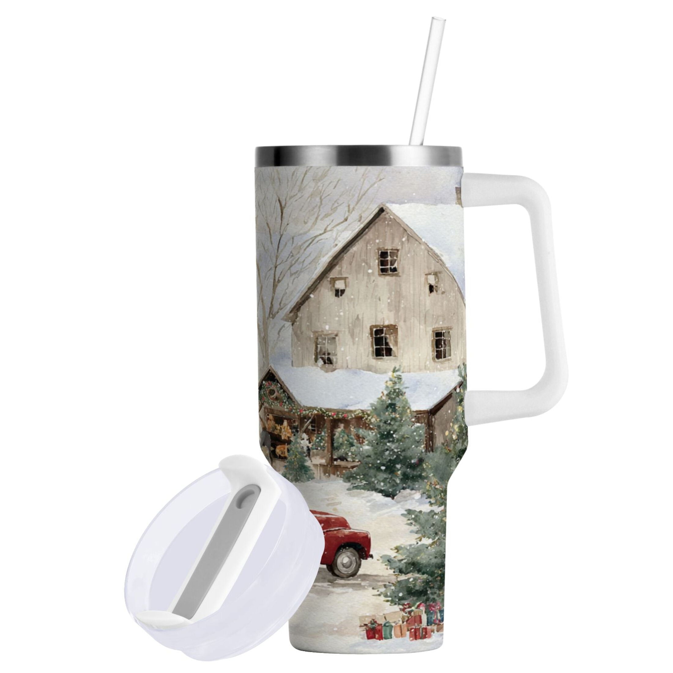 40 oz Insulated Stainless Steel Tumbler Double Wall Stainless Steel Tumbler with 2-Way Drinking Farm Snow Scene M645P