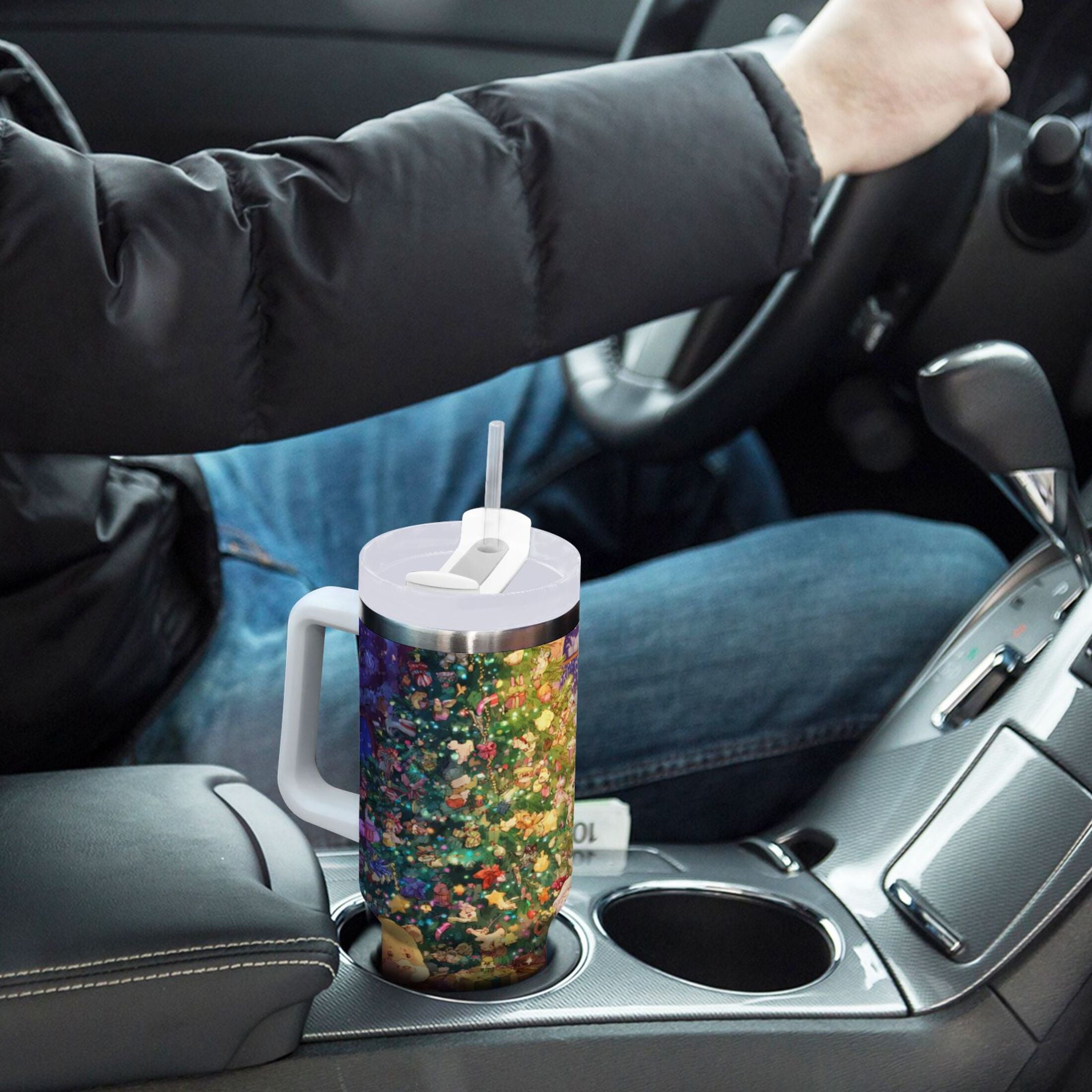 40 oz Insulated Stainless Steel Tumbler Double Wall Stainless Steel Tumbler with 2-Way Drinking Festive Christmas Scene M575B