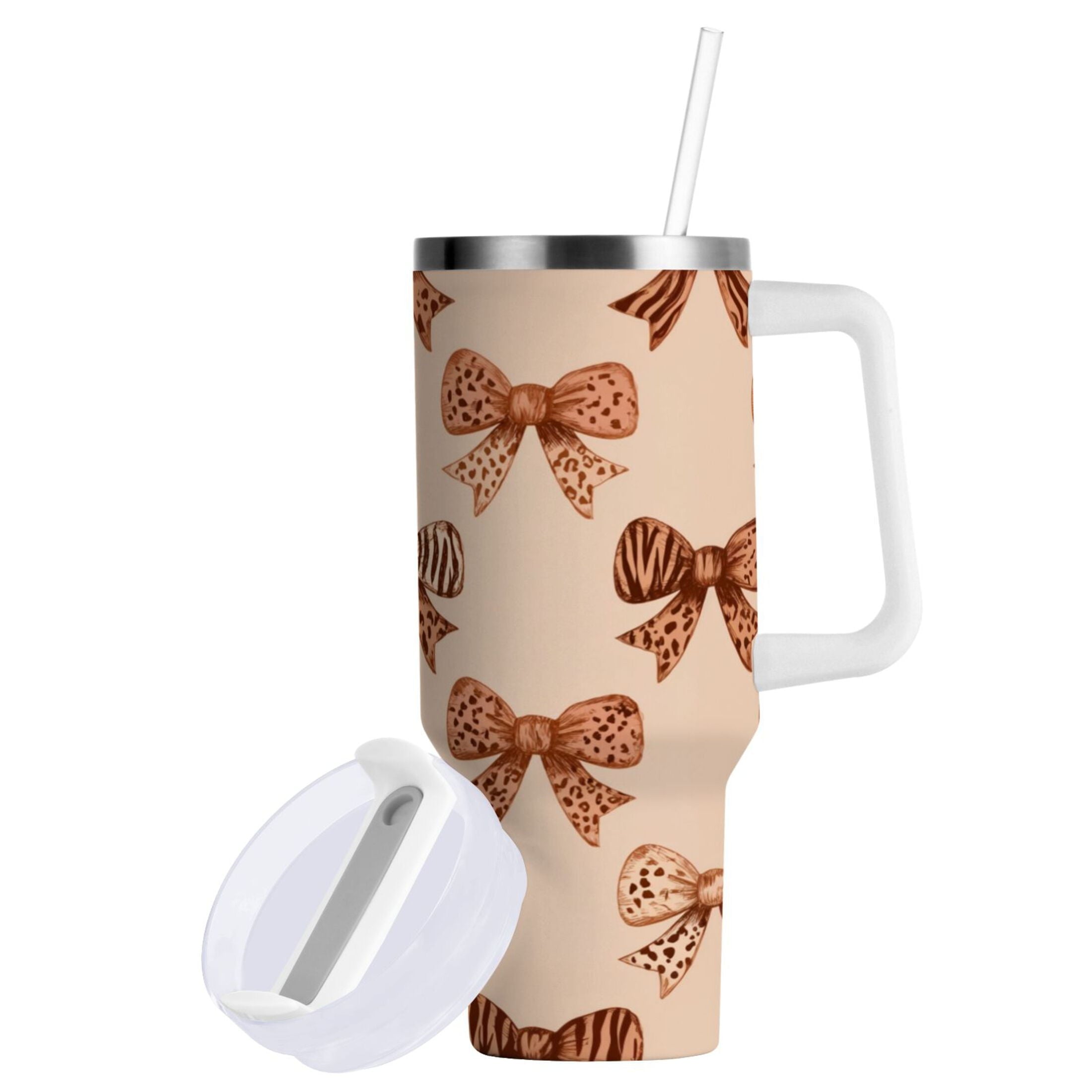 40 oz Insulated Stainless Steel Tumbler Double Wall Stainless Steel Tumbler with 2-Way Drinking Leopard Print Bow M550A
