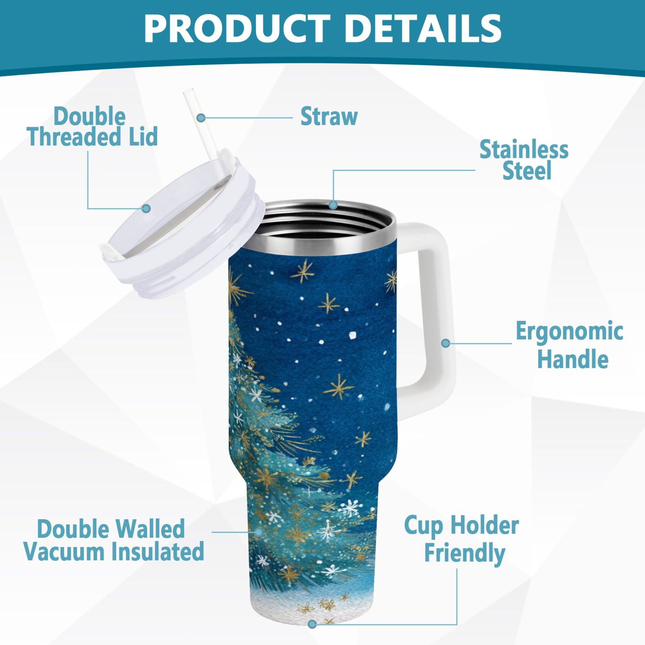 40 oz Insulated Stainless Steel Tumbler Double Wall Stainless Steel Tumbler with 2-Way Drinking Watercolor Christmas Tree M597L