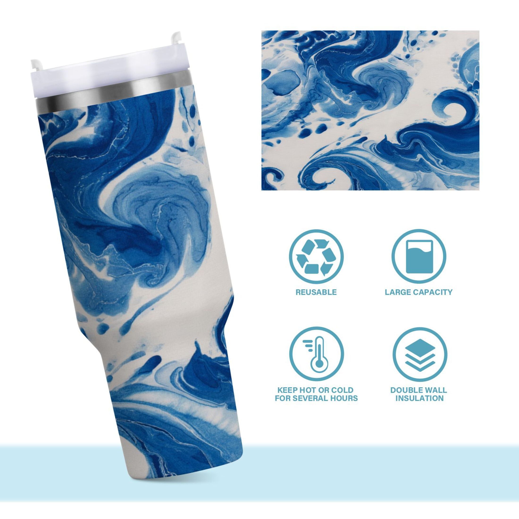 40 oz Insulated Stainless Steel Tumbler Double Wall Stainless Steel Tumbler with 2-Way Drinking Indigo Blue Tie-dye Pattern M632A