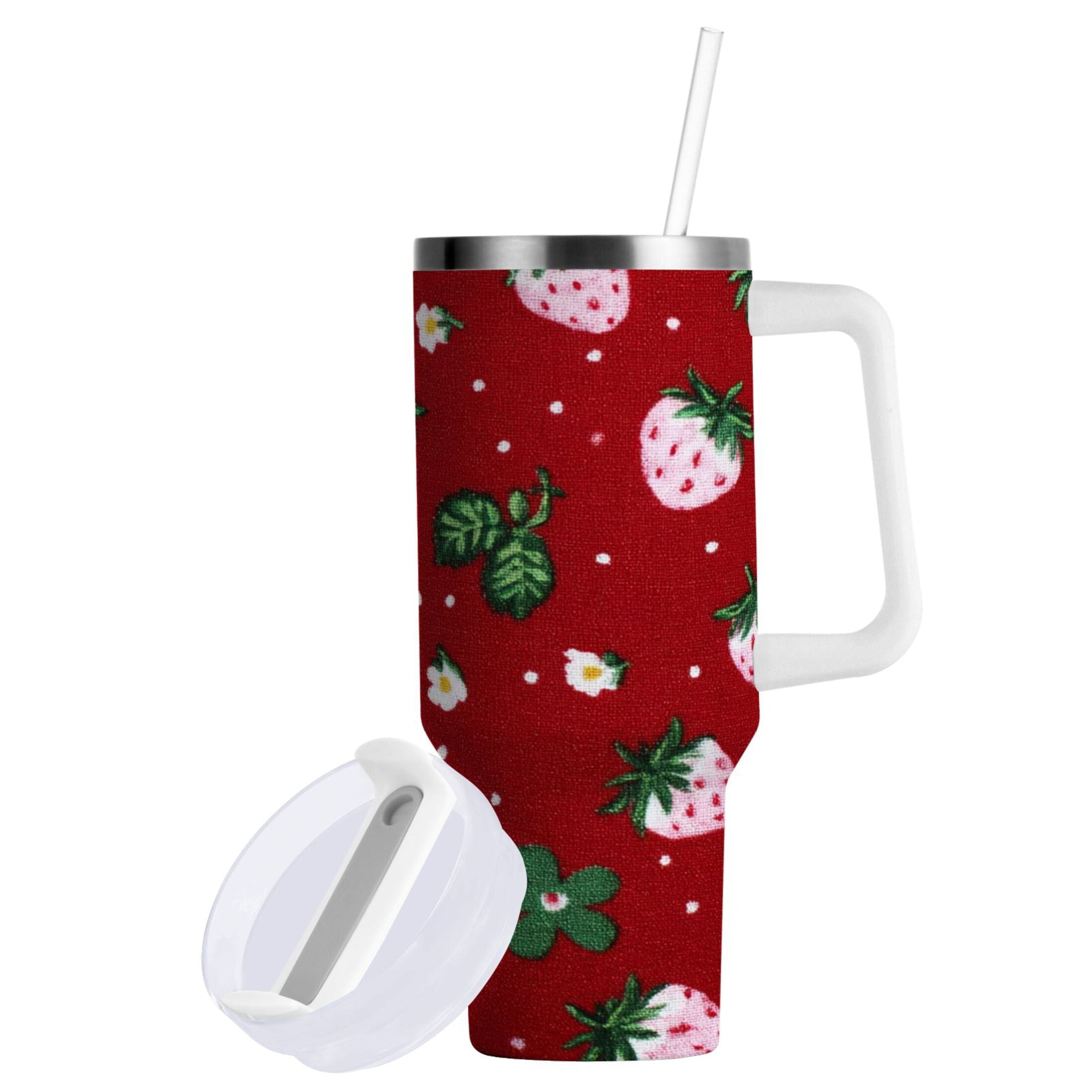 30 oz Insulated Stainless Steel Tumbler Double Wall Stainless Steel Tumbler with 2-Way Drinking Cute Pink Strawberry Pattern M630S
