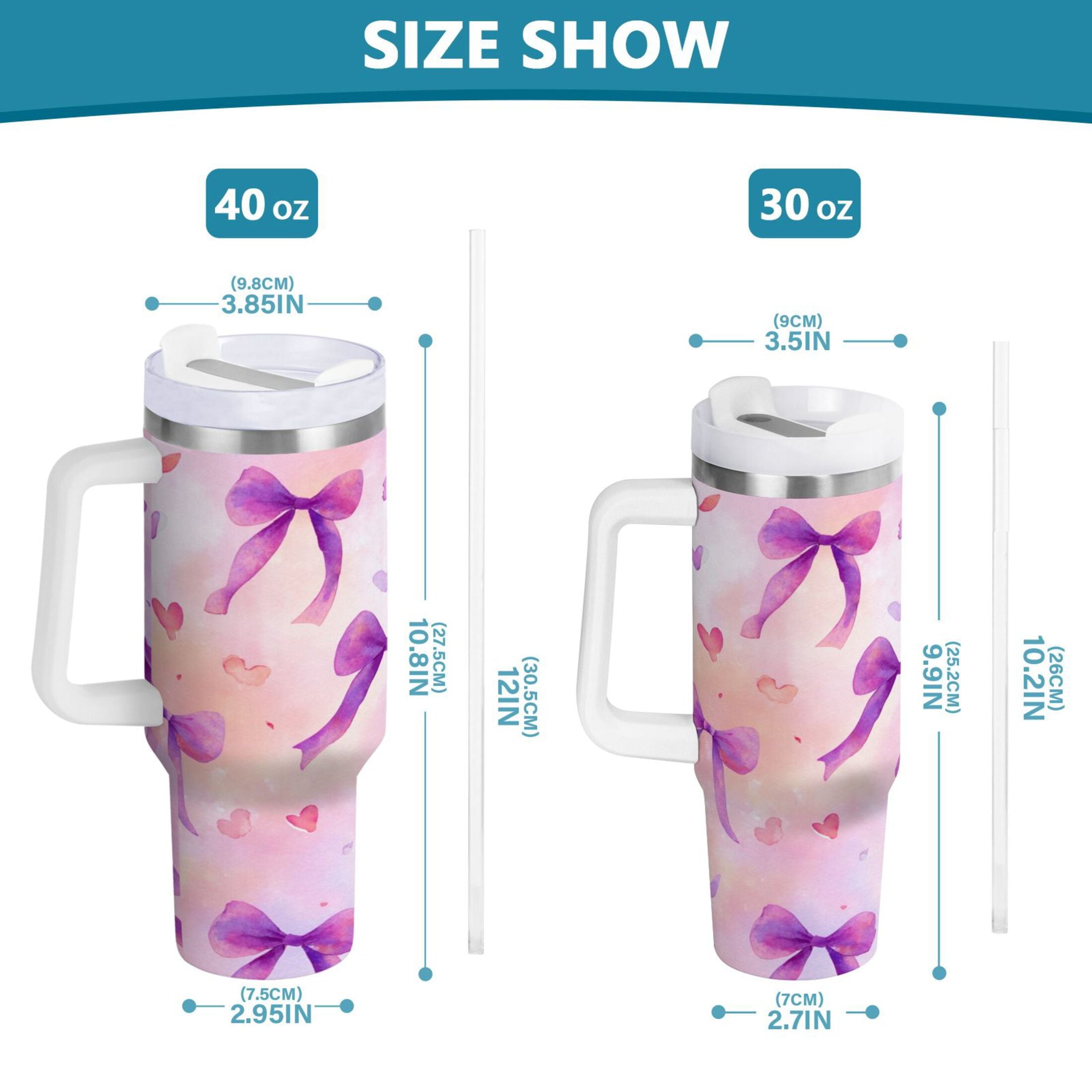 30 oz Insulated Stainless Steel Tumbler Double Wall Stainless Steel Tumbler with 2-Way Drinking Watercolor Purple Bows M591S