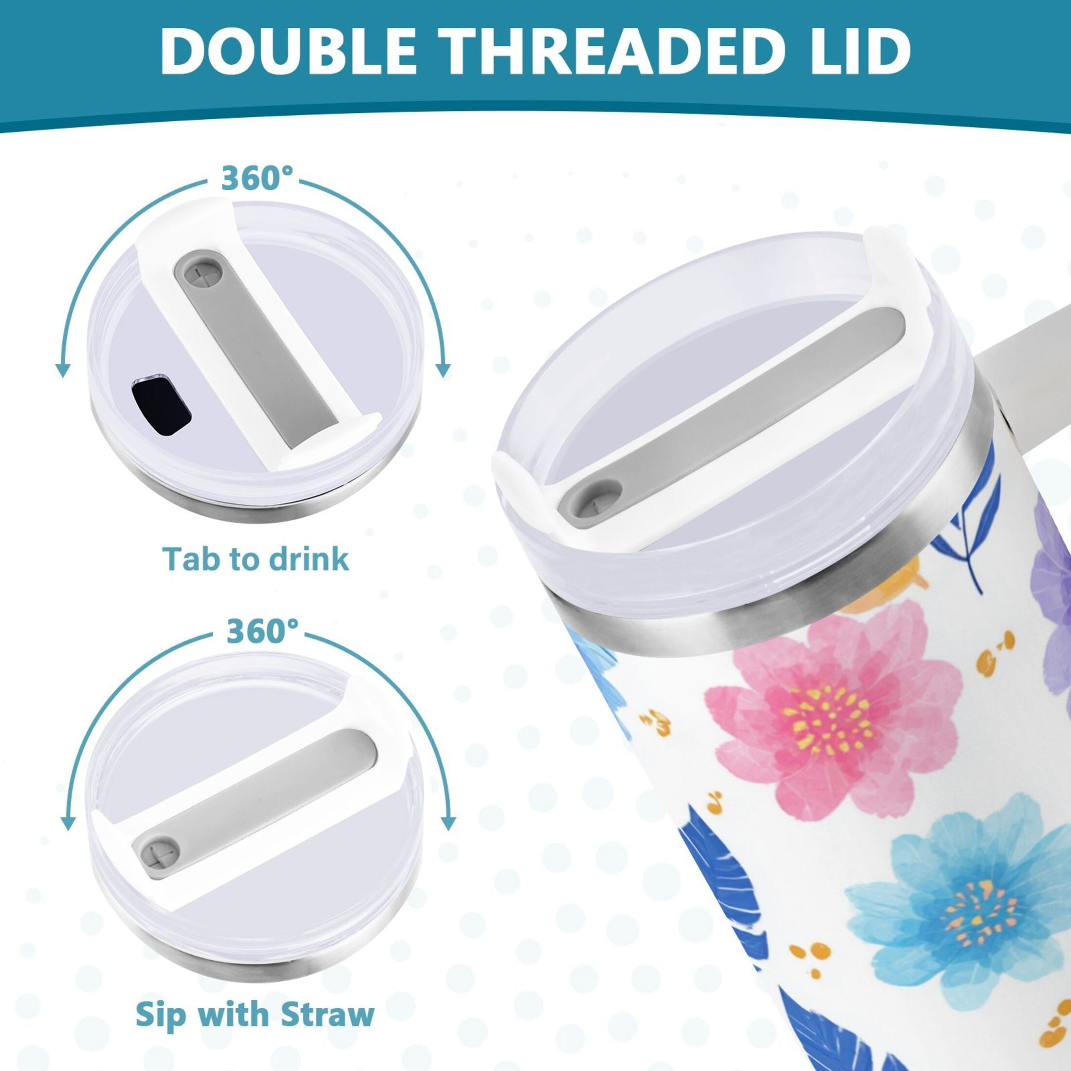 30 oz Insulated Stainless Steel Tumbler Double Wall Stainless Steel Tumbler with 2-Way Drinking Blue and Purple Flowers M522K