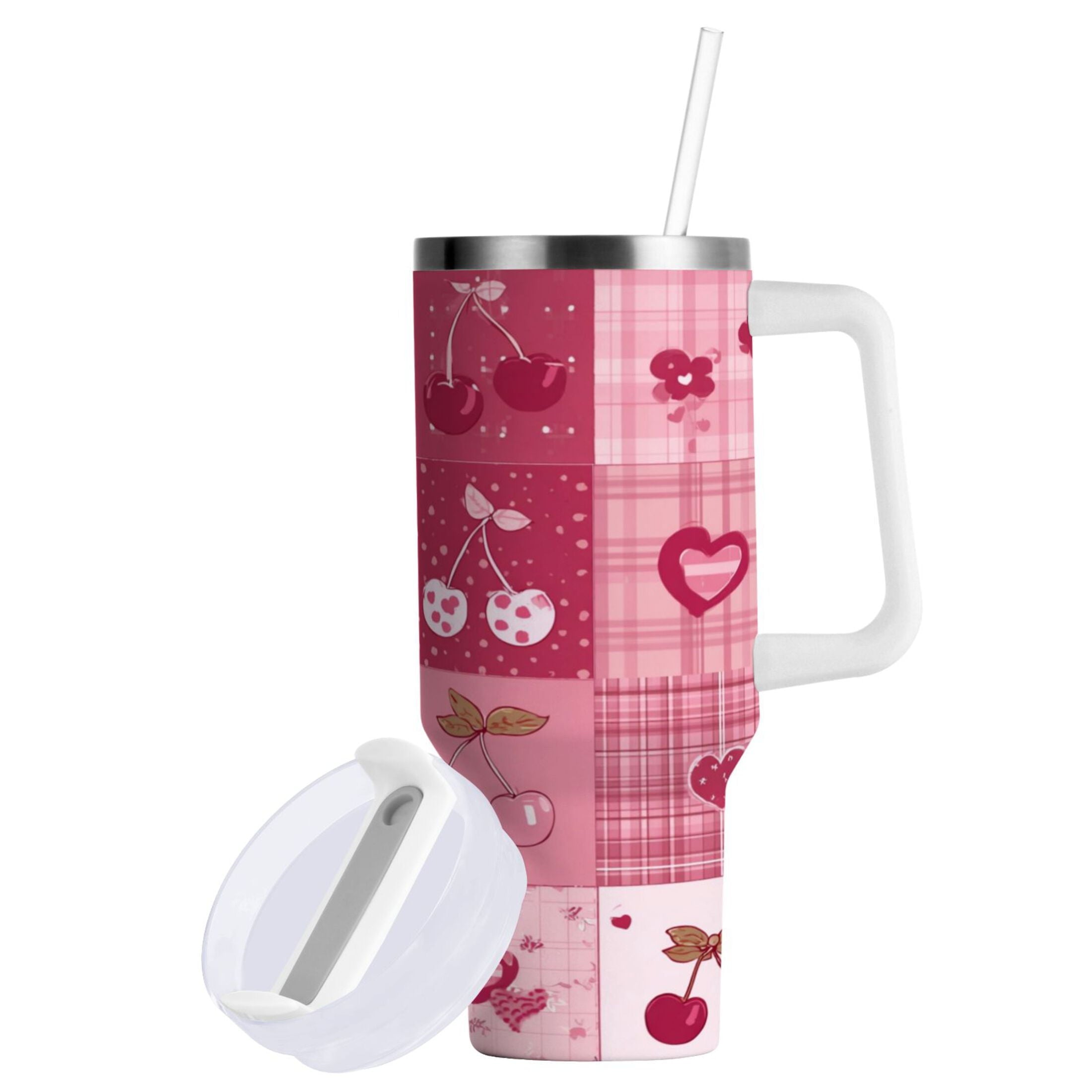 30 oz Insulated Stainless Steel Tumbler Double Wall Stainless Steel Tumbler with 2-Way Drinking Cherry Pattern with Bows M634Q