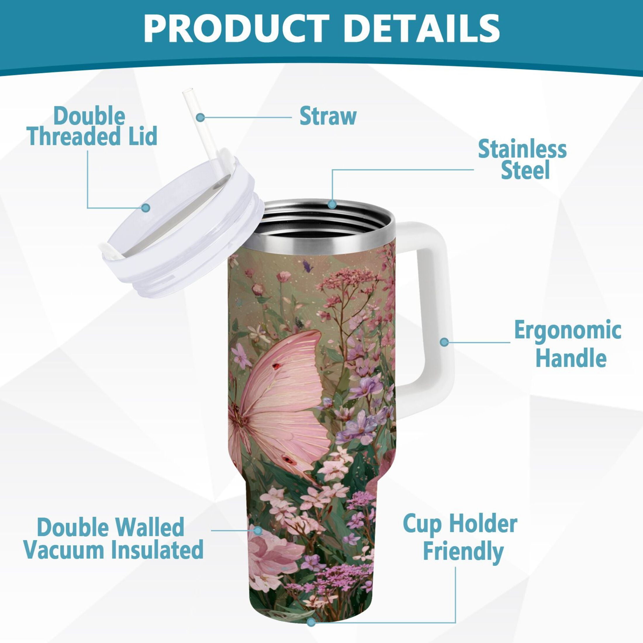 30 oz Insulated Stainless Steel Tumbler Double Wall Stainless Steel Tumbler with 2-Way Drinking Delicate Butterfly M643M