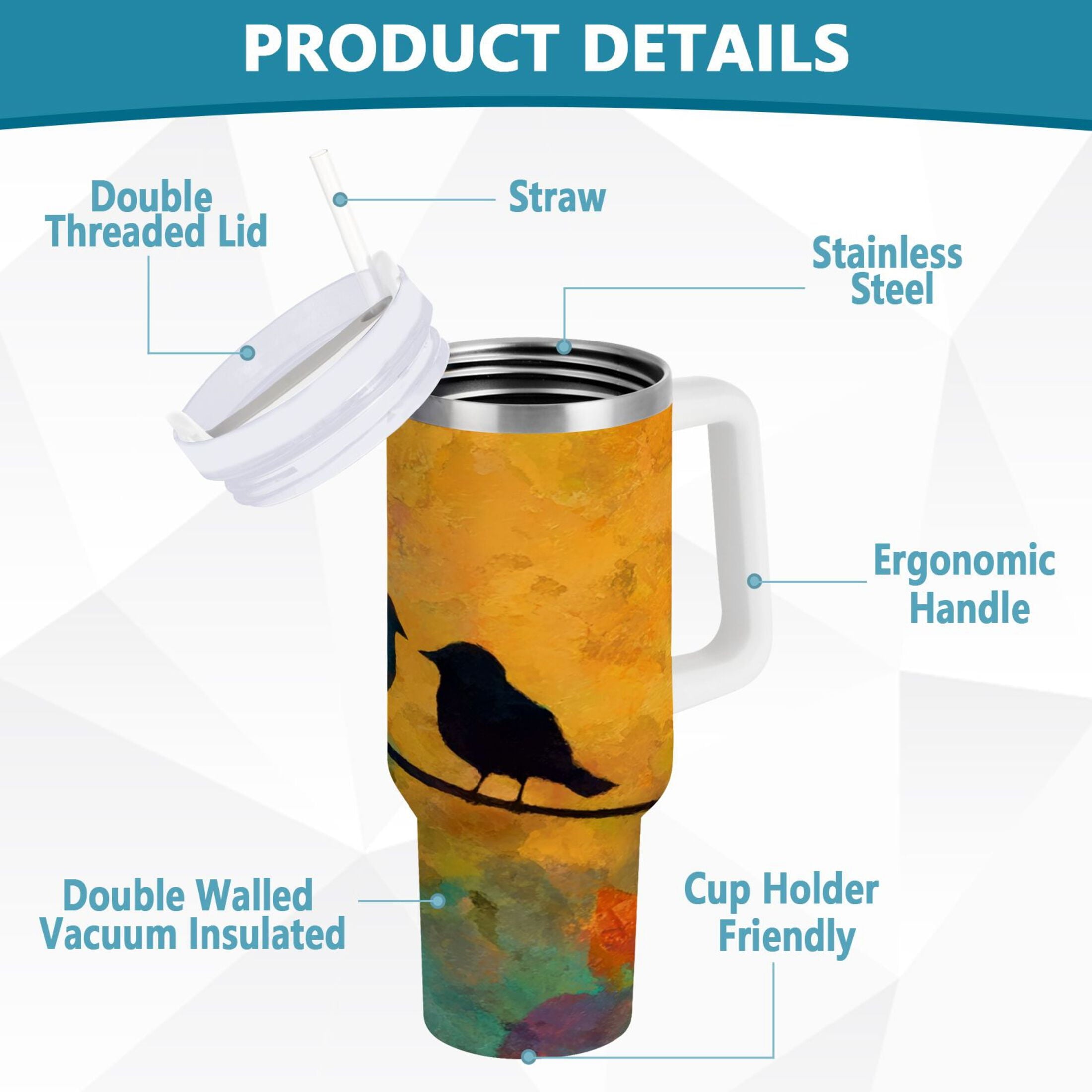 30 oz Insulated Stainless Steel Tumbler Double Wall Stainless Steel Tumbler with 2-Way Drinking Birds on A Wire M613K