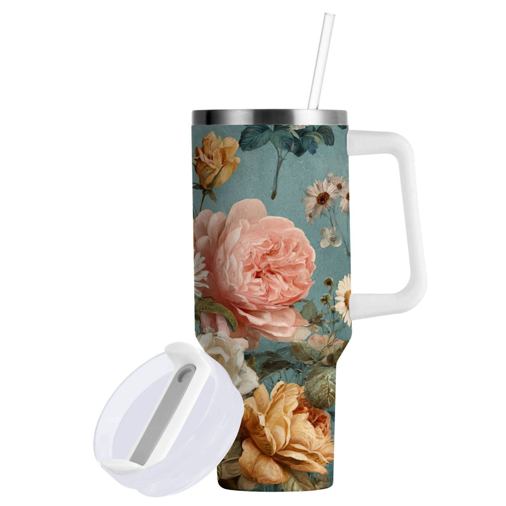 30 oz Insulated Stainless Steel Tumbler Double Wall Stainless Steel Tumbler with 2-Way Drinking Vintage Roses and Peonies M667B