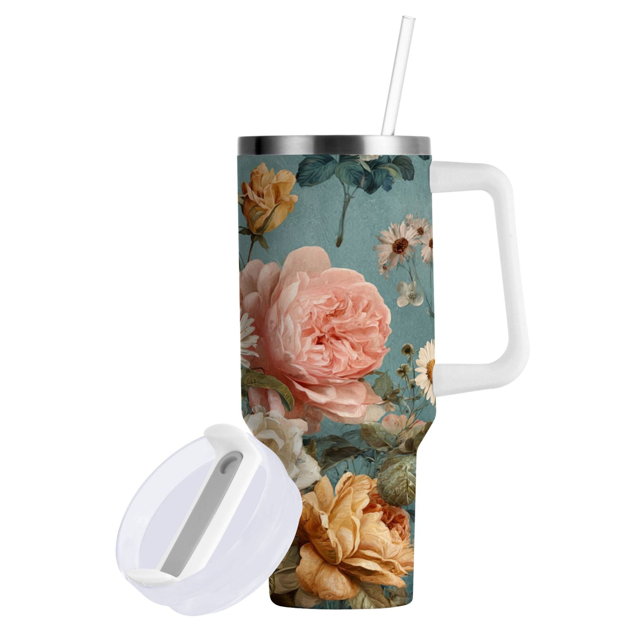 30 oz Insulated Stainless Steel Tumbler Double Wall Stainless Steel Tumbler with 2-Way Drinking Vintage Roses and Peonies M667B
