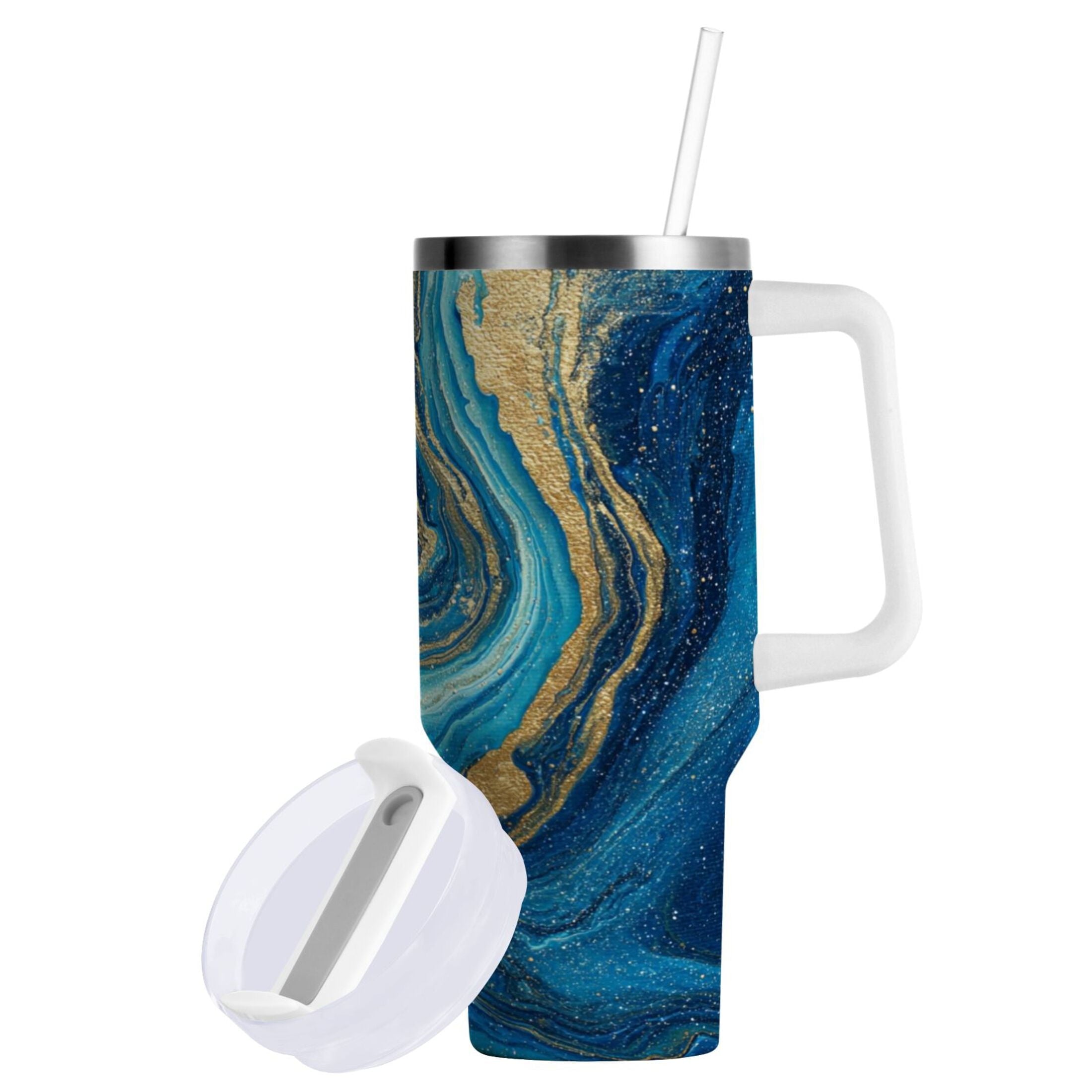 30 oz Insulated Stainless Steel Tumbler Double Wall Stainless Steel Tumbler with 2-Way Drinking Blue and Gold Ocean M507P