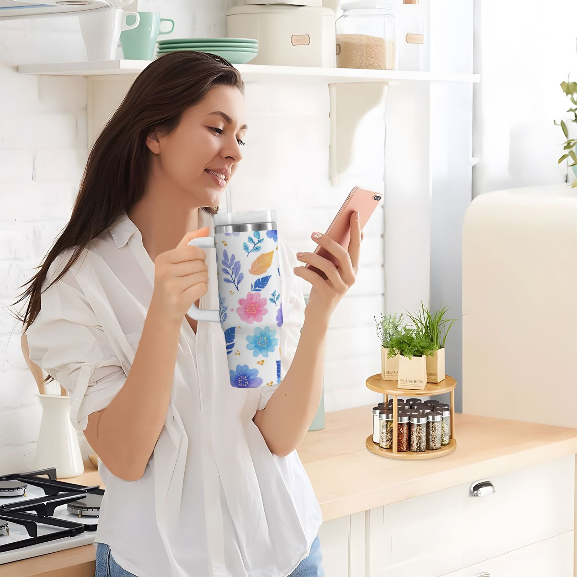 30 oz Insulated Stainless Steel Tumbler Double Wall Stainless Steel Tumbler with 2-Way Drinking Blue and Purple Flowers M522K
