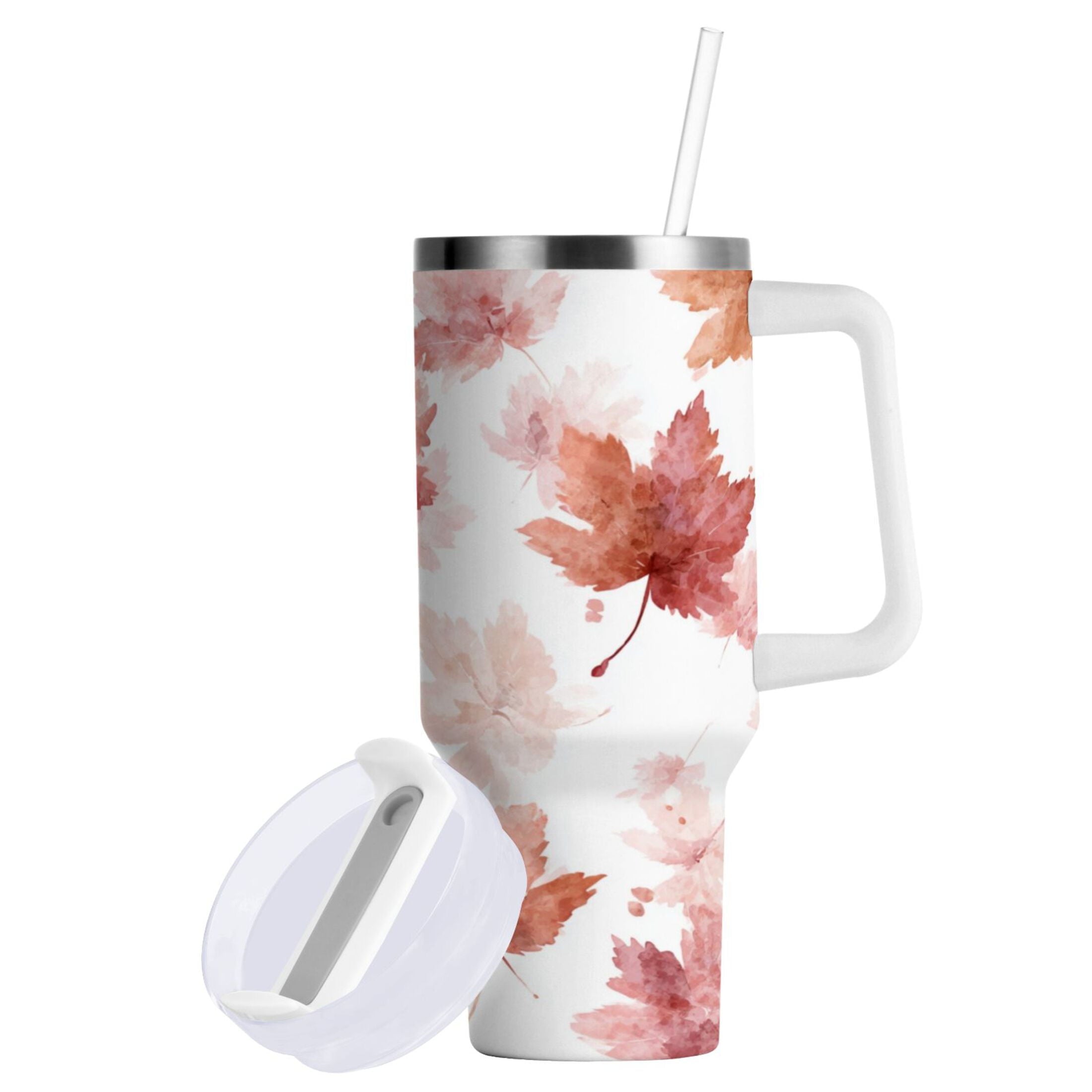 30 oz Insulated Stainless Steel Tumbler Double Wall Stainless Steel Tumbler with 2-Way Drinking Watercolor Pink Maple Leaves M624A