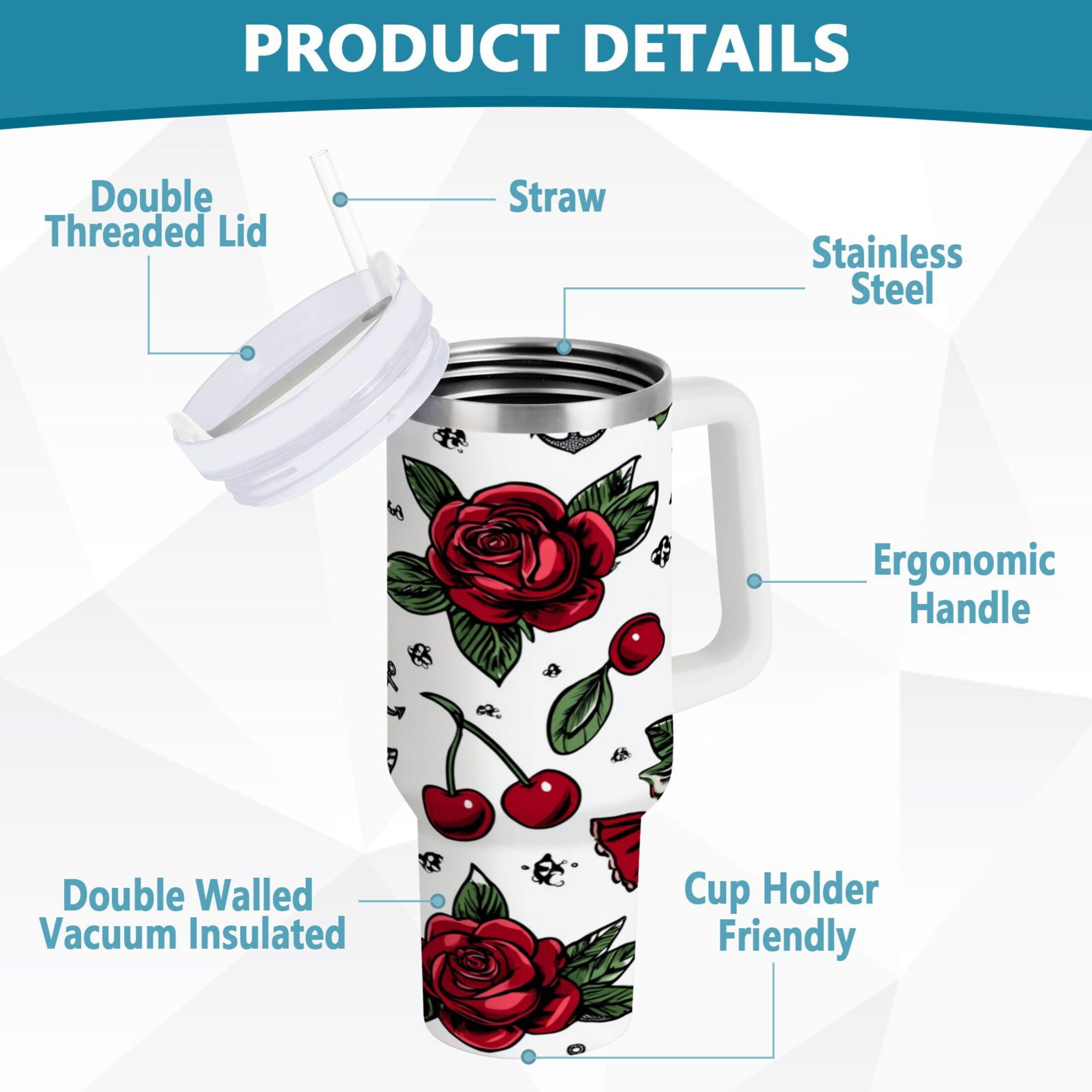 40 oz Insulated Stainless Steel Tumbler Double Wall Stainless Steel Tumbler with 2-Way Drinking Red Roses and Cherries M599Q