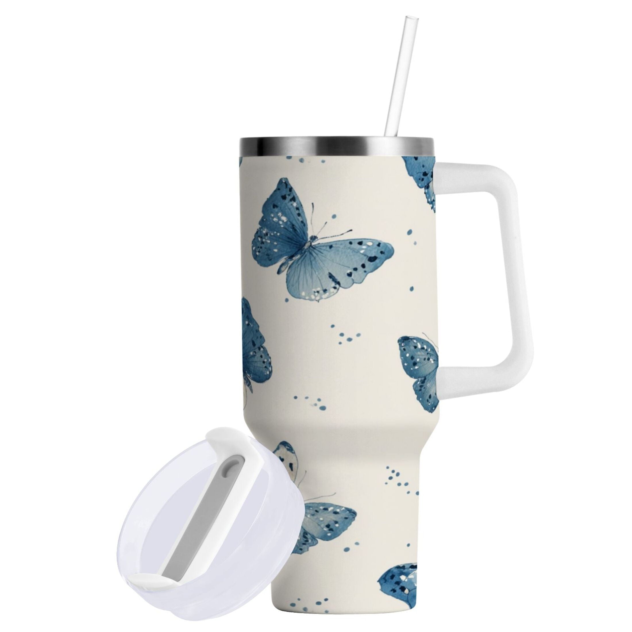 30 oz Insulated Stainless Steel Tumbler Double Wall Stainless Steel Tumbler with 2-Way Drinking Blue Watercolor Butterflies M572Q