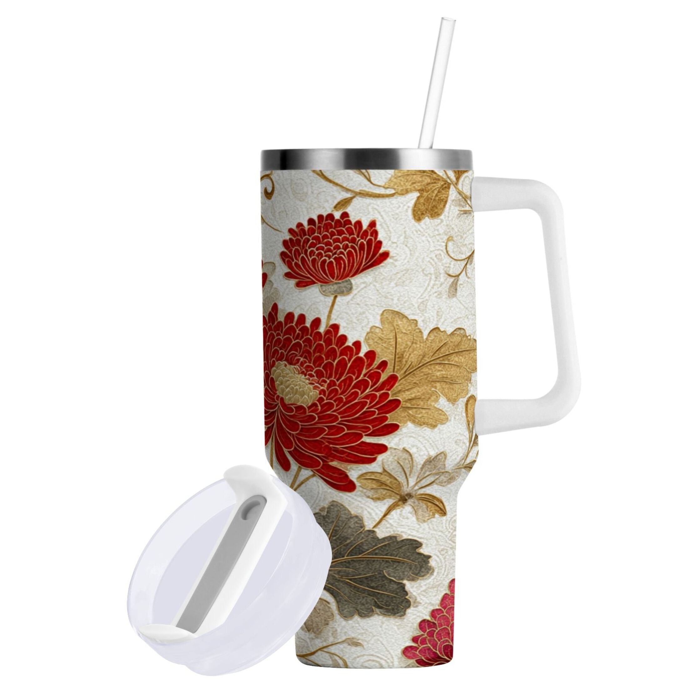 30 oz Insulated Stainless Steel Tumbler Double Wall Stainless Steel Tumbler with 2-Way Drinking Red Chrysanthemum Pattern M676U