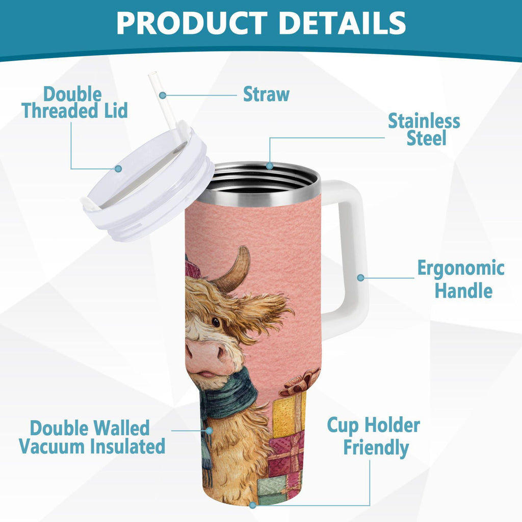 30 oz Insulated Stainless Steel Tumbler Double Wall Stainless Steel Tumbler with 2-Way Drinking Cow Wearing Scarf and Hat M663H