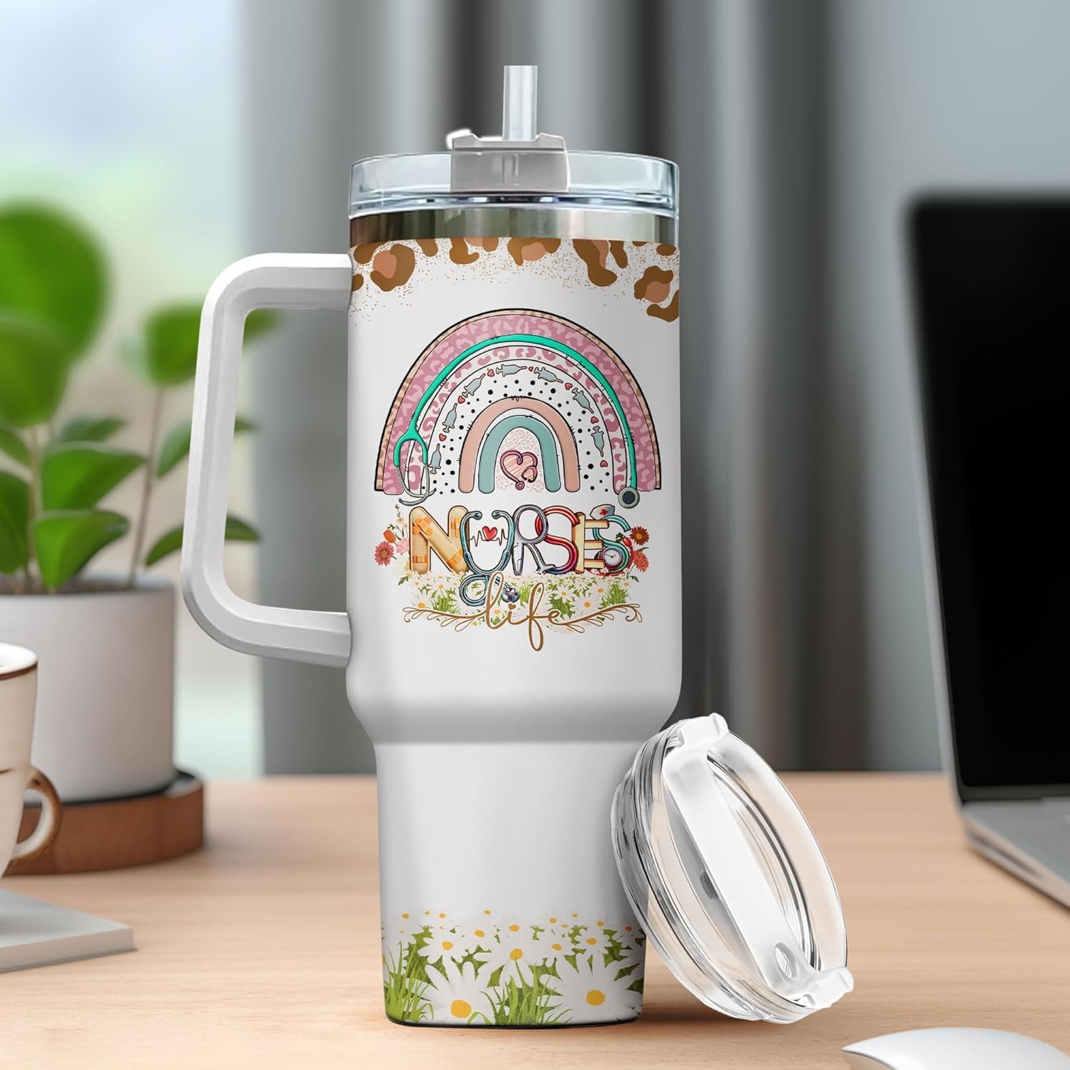 Tumbler 40 Oz With Handle Lid And Straw, Nurse Gifts, Black Camo White Engraved Print Travel Nurses Tumblers Handle Funny Cups Nursing For, Great Nurse Rainbow Daisy Flower M683R