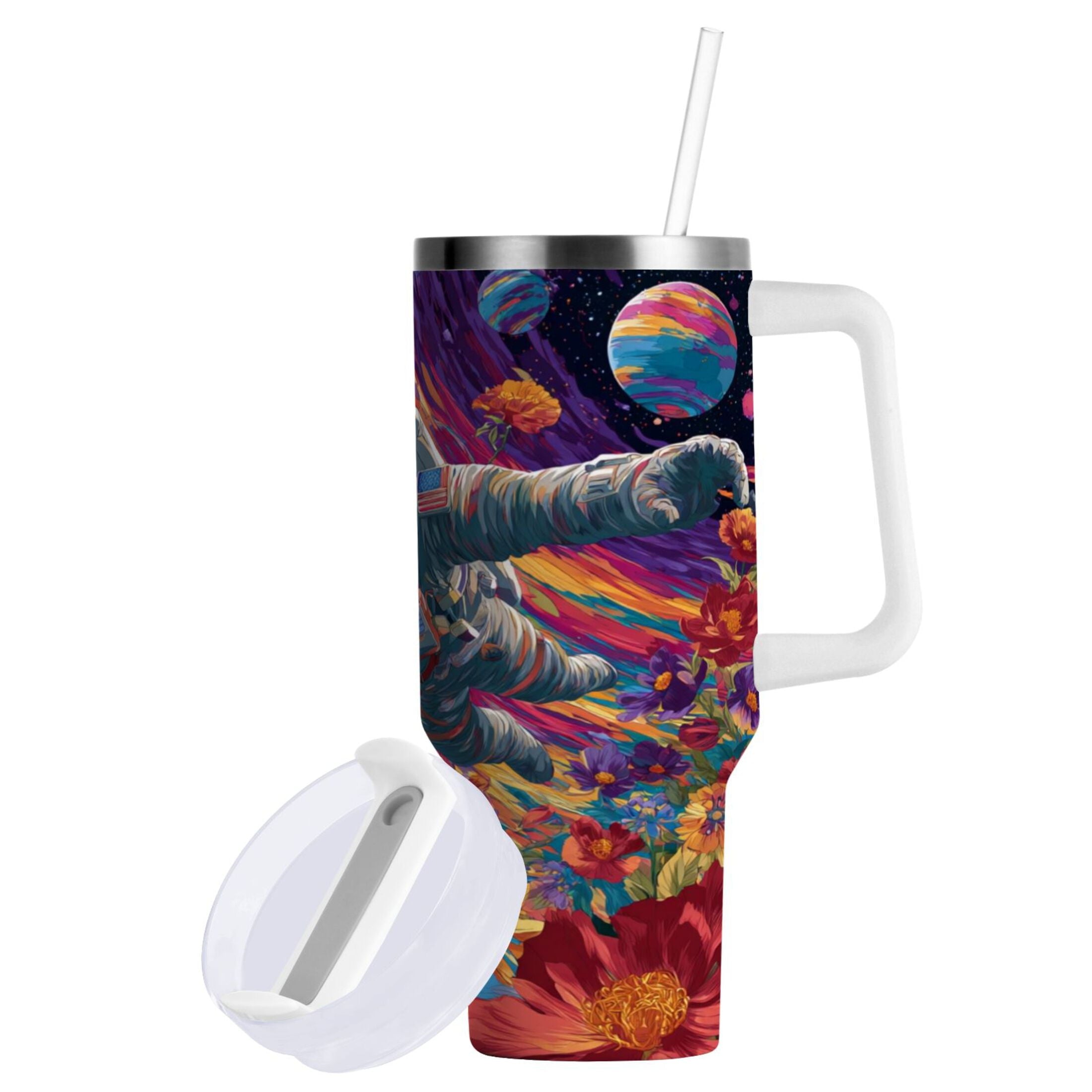 40 oz Insulated Stainless Steel Tumbler Double Wall Stainless Steel Tumbler with 2-Way Drinking Colorful Flowers and Planets M598M