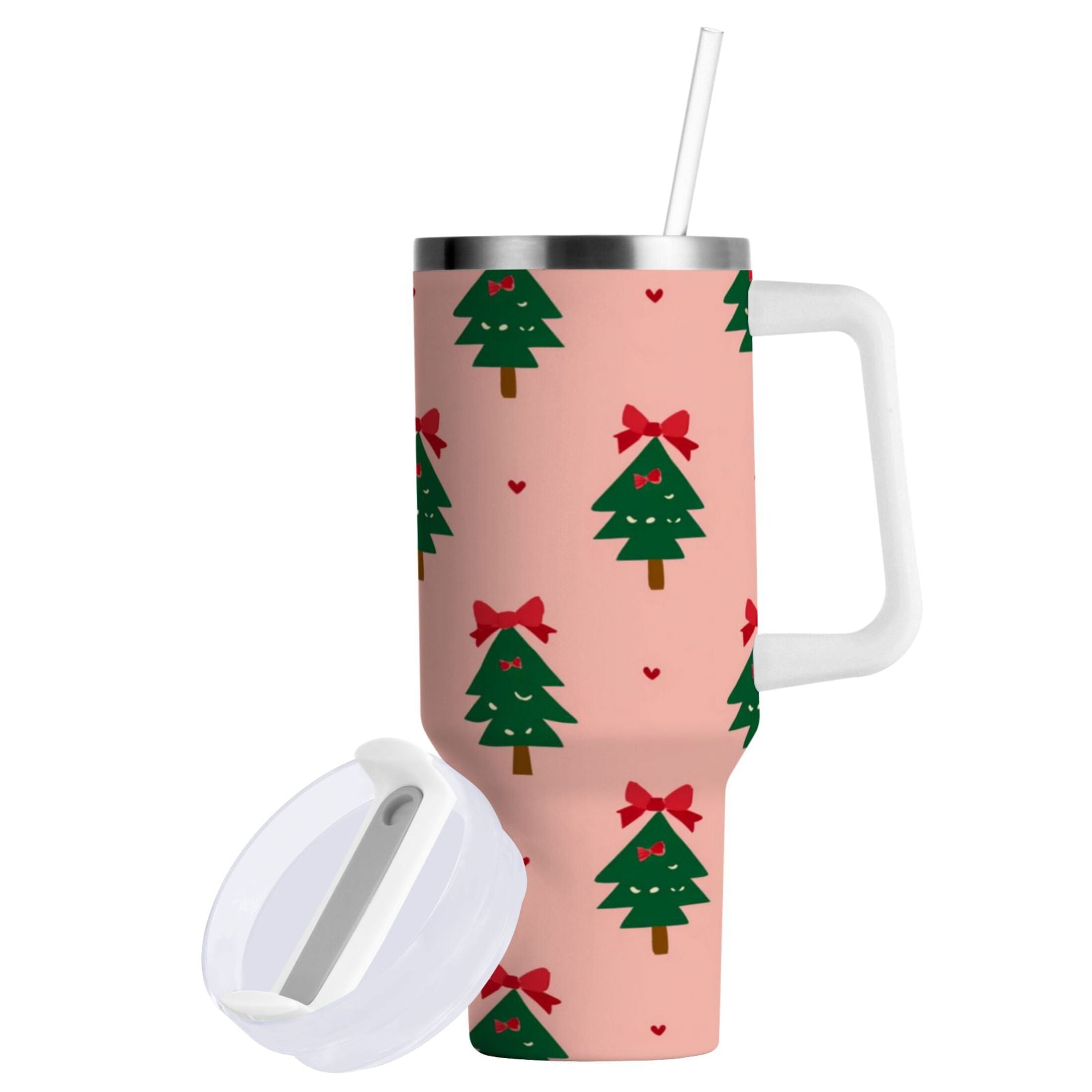40 oz Insulated Stainless Steel Tumbler Double Wall Stainless Steel Tumbler with 2-Way Drinking Green Trees and Red Bows M468D