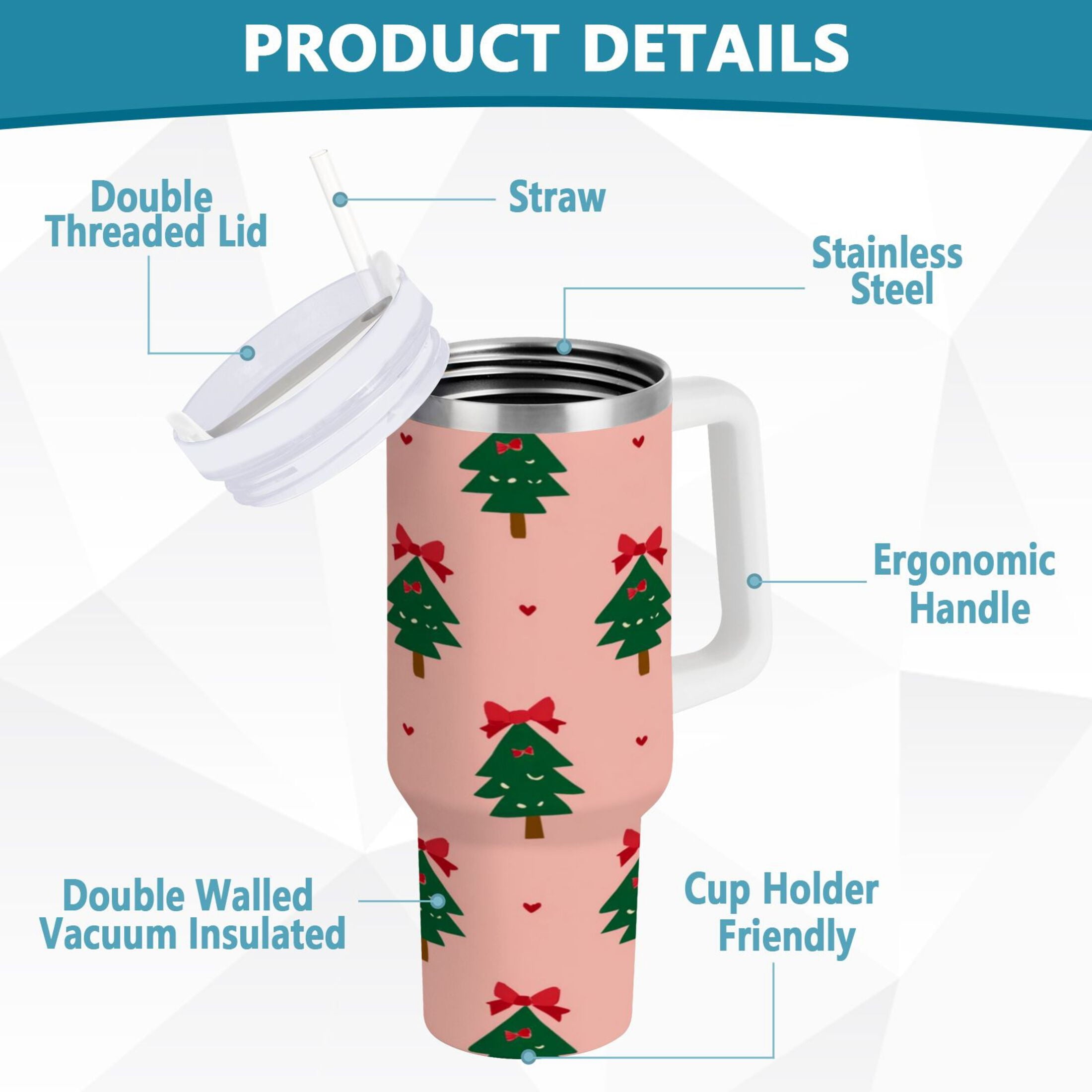 40 oz Insulated Stainless Steel Tumbler Double Wall Stainless Steel Tumbler with 2-Way Drinking Green Trees and Red Bows M468D