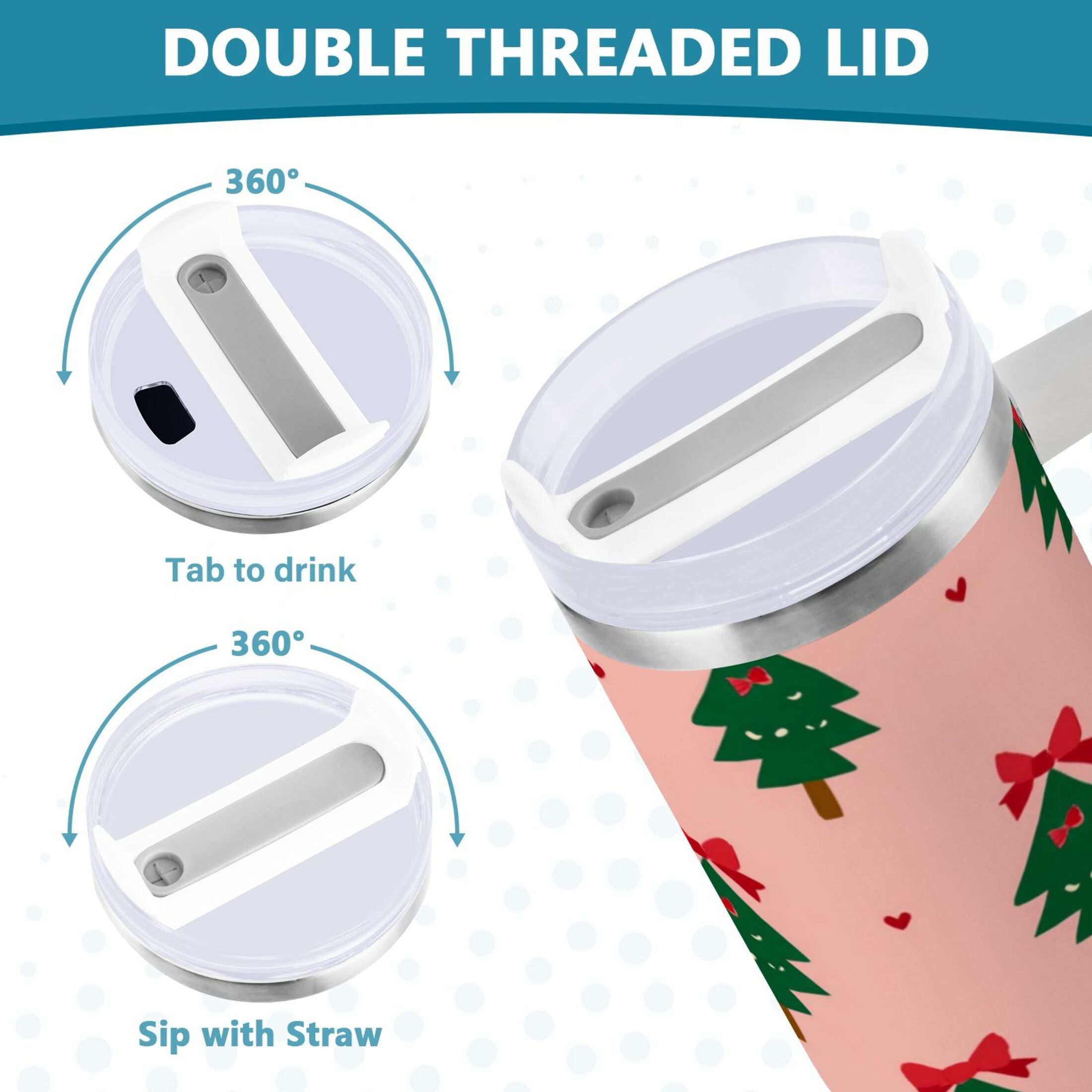 40 oz Insulated Stainless Steel Tumbler Double Wall Stainless Steel Tumbler with 2-Way Drinking Green Trees and Red Bows M468D