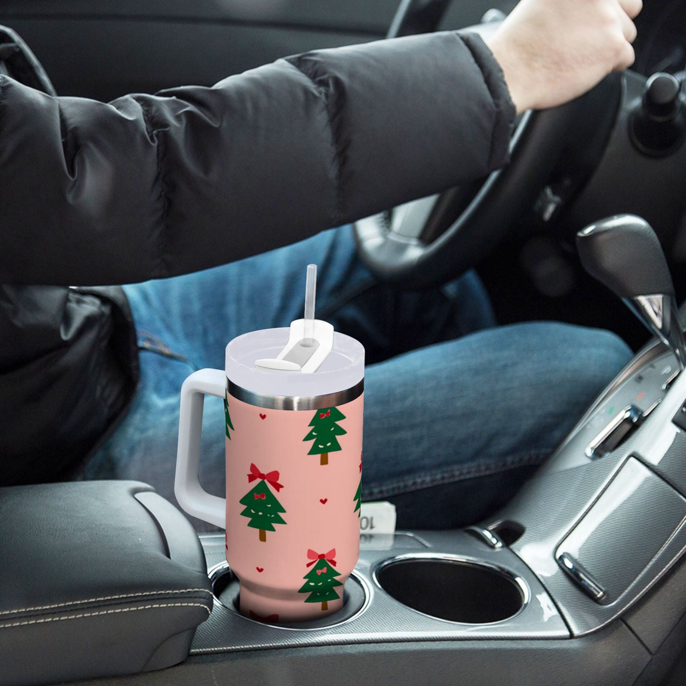 40 oz Insulated Stainless Steel Tumbler Double Wall Stainless Steel Tumbler with 2-Way Drinking Green Trees and Red Bows M468D