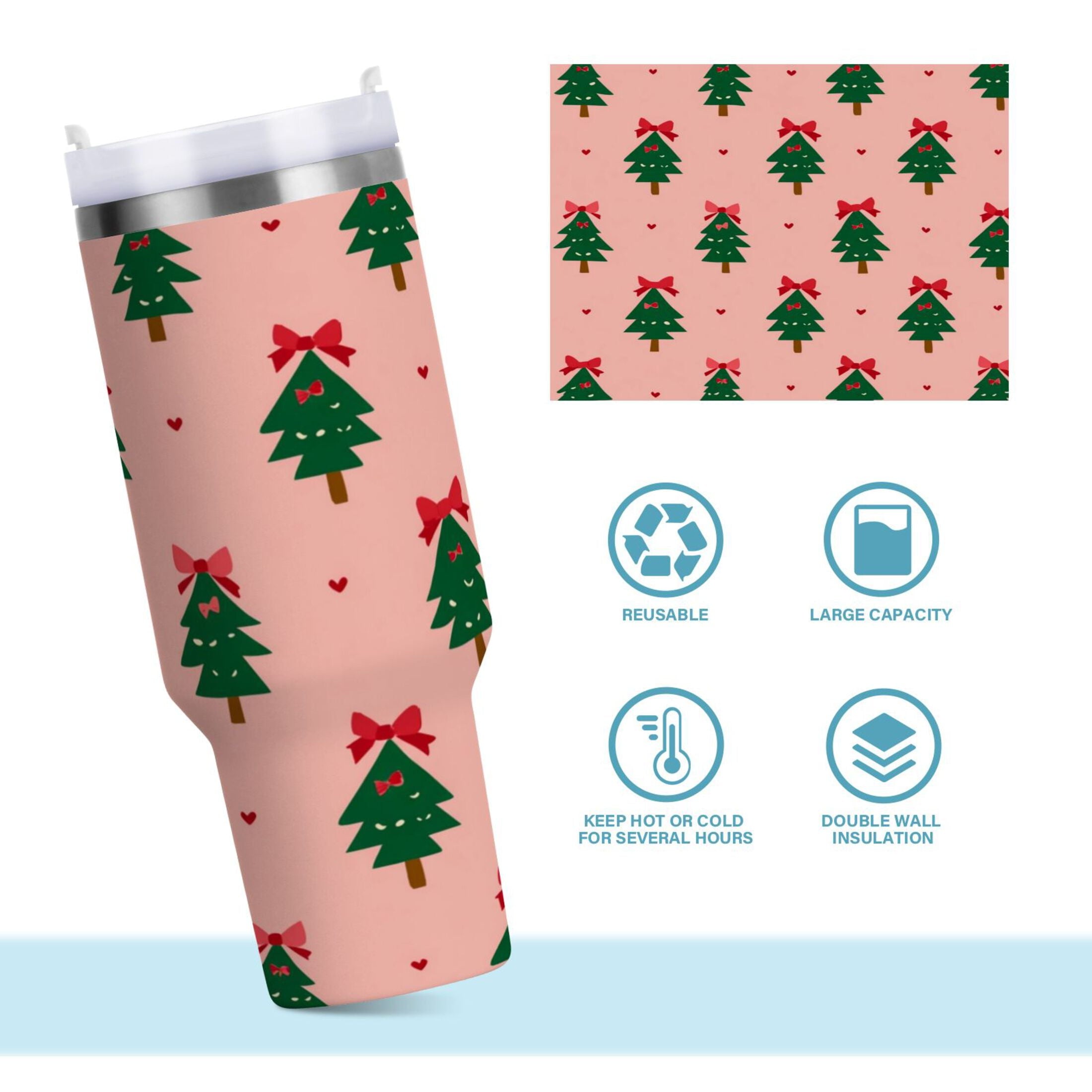 40 oz Insulated Stainless Steel Tumbler Double Wall Stainless Steel Tumbler with 2-Way Drinking Green Trees and Red Bows M468D