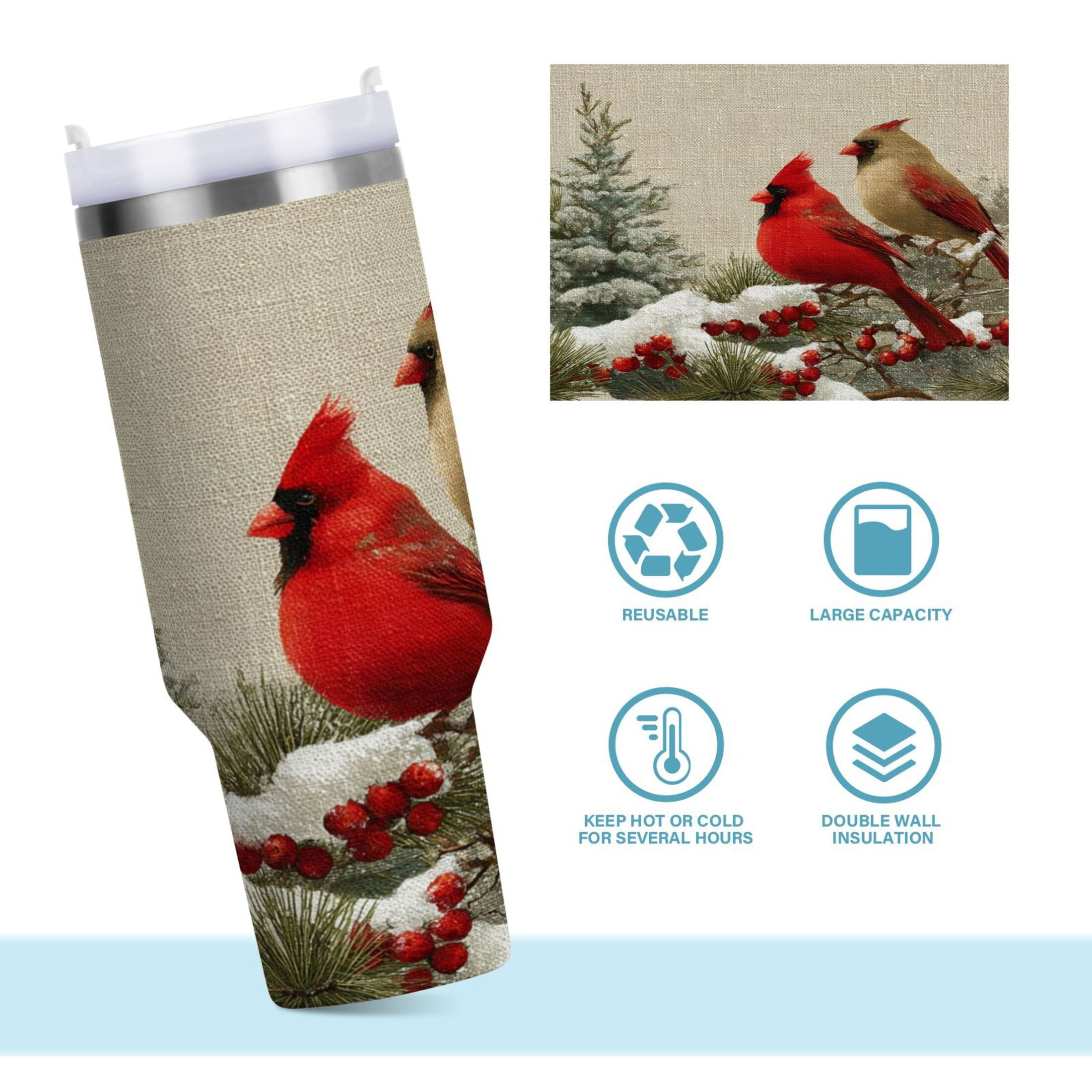 30 oz Insulated Stainless Steel Tumbler Double Wall Stainless Steel Tumbler with 2-Way Drinking Bird and Snow-covered Trees M615U