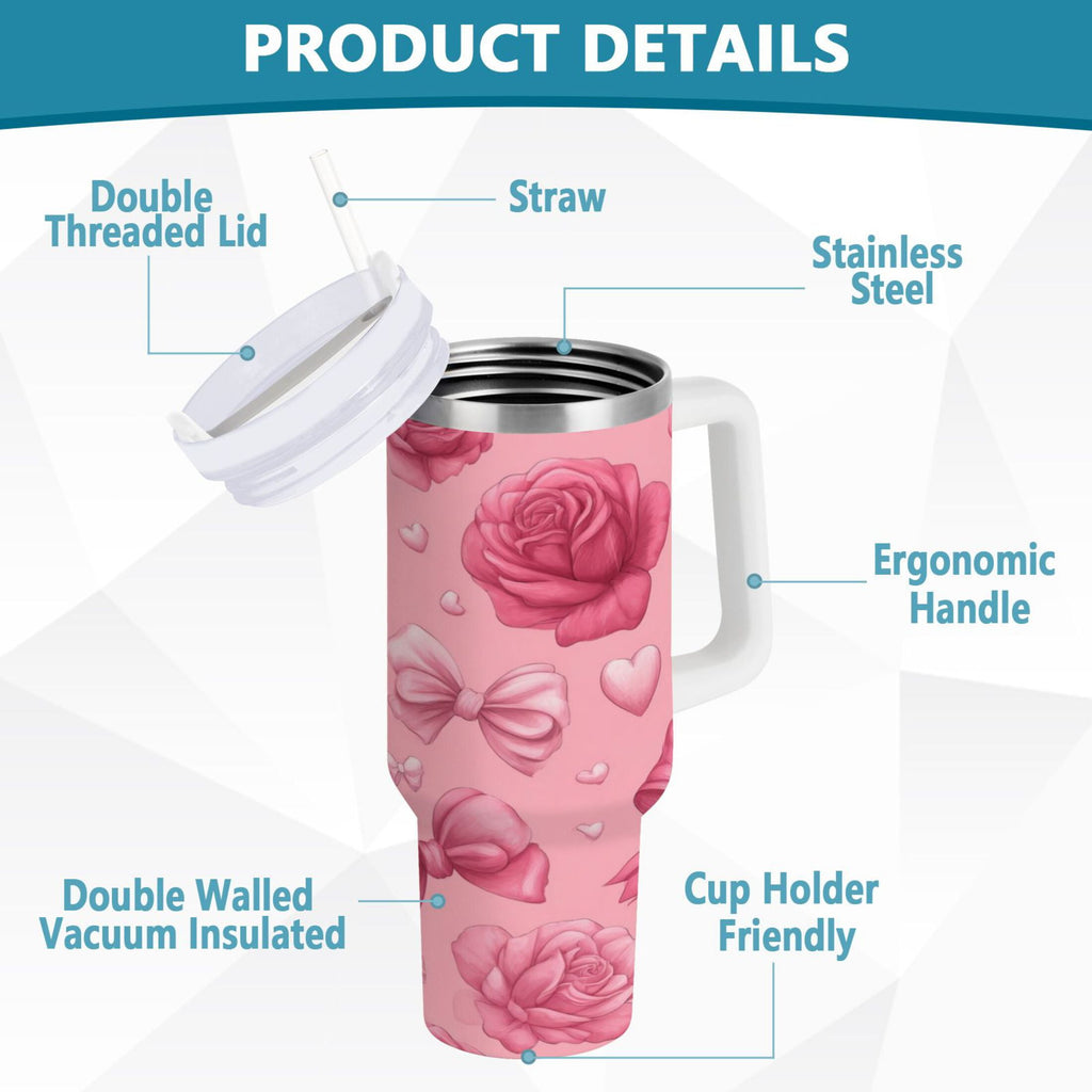 40 oz Insulated Stainless Steel Tumbler Double Wall Stainless Steel Tumbler with 2-Way Drinking Roses and Bows Pattern M661R
