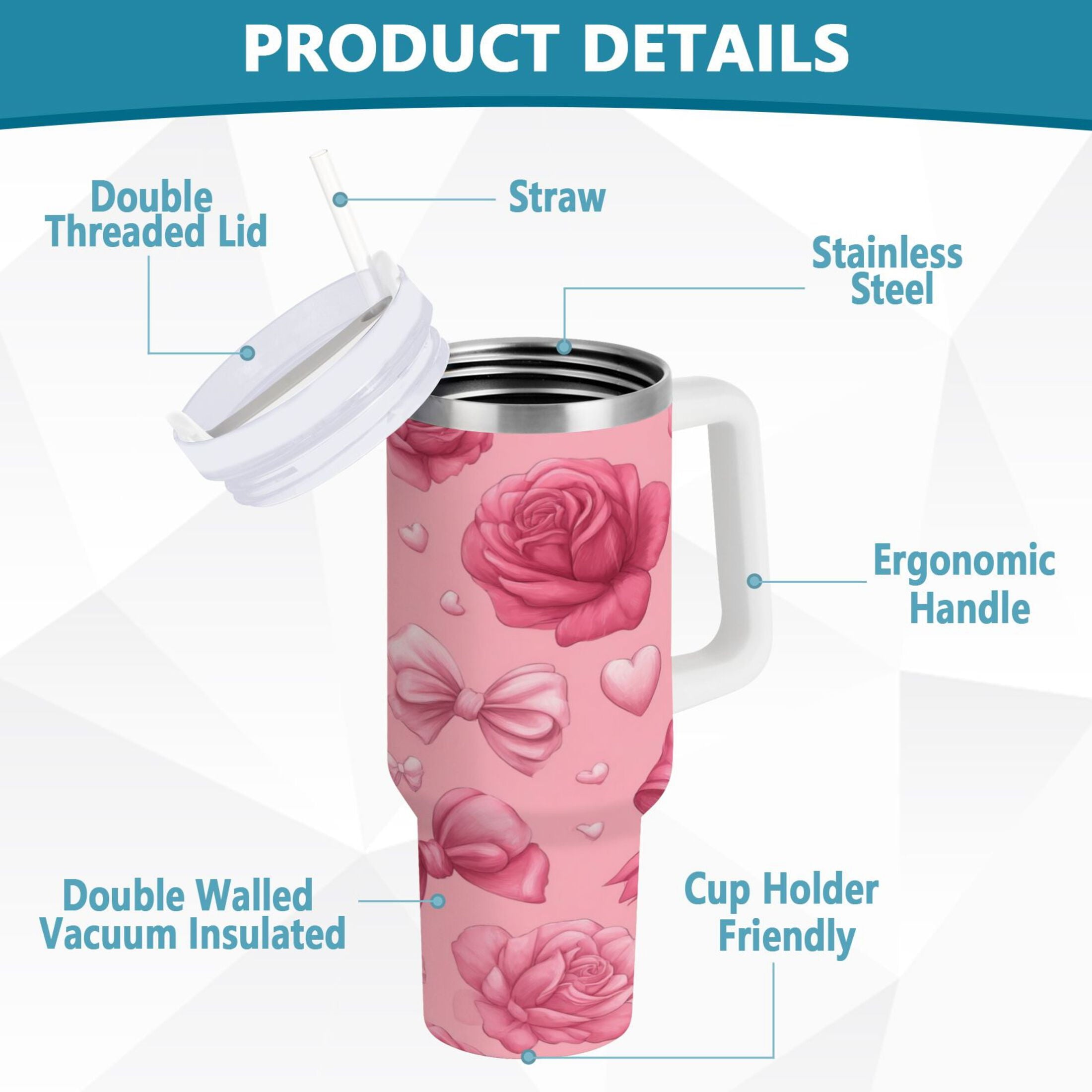 40 oz Insulated Stainless Steel Tumbler Double Wall Stainless Steel Tumbler with 2-Way Drinking Roses and Bows Pattern M661R