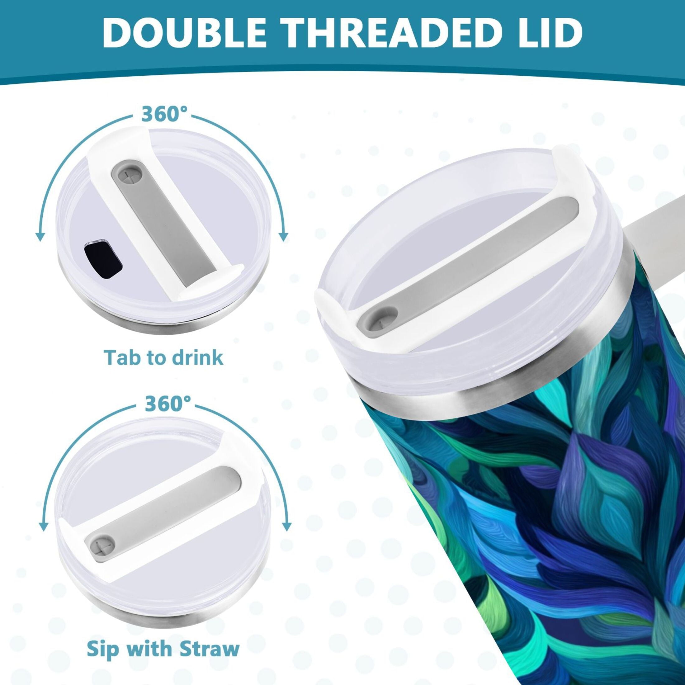 40 oz Insulated Stainless Steel Tumbler Double Wall Stainless Steel Tumbler with 2-Way Drinking Elegant Blue Abstract Shapes M609Q