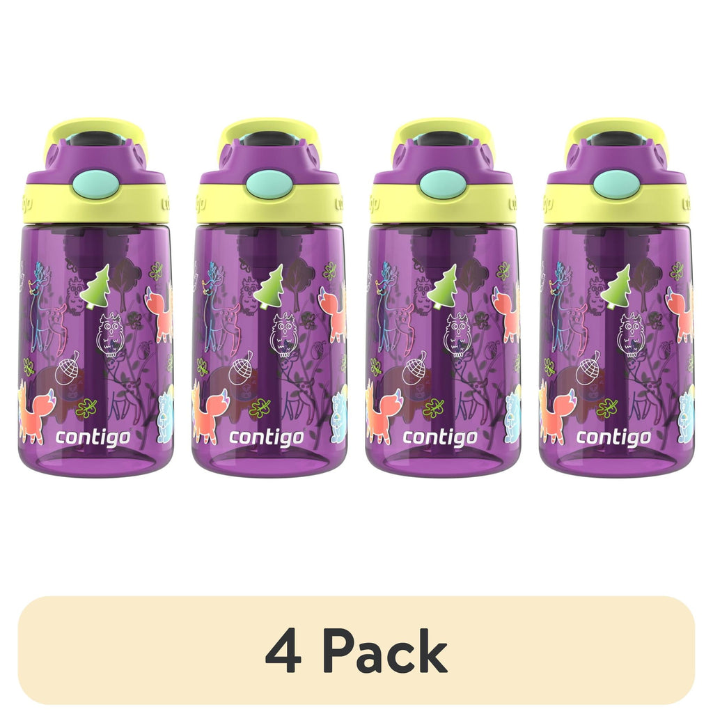 (4 pack) Contigo Kids Water Bottle with Redesigned AUTOSPOUT Straw, 14 oz, Grape Forest Haven M16S