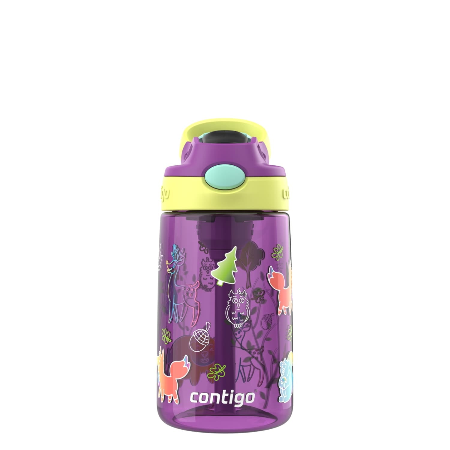 (4 pack) Contigo Kids Water Bottle with Redesigned AUTOSPOUT Straw, 14 oz, Grape Forest Haven M16S