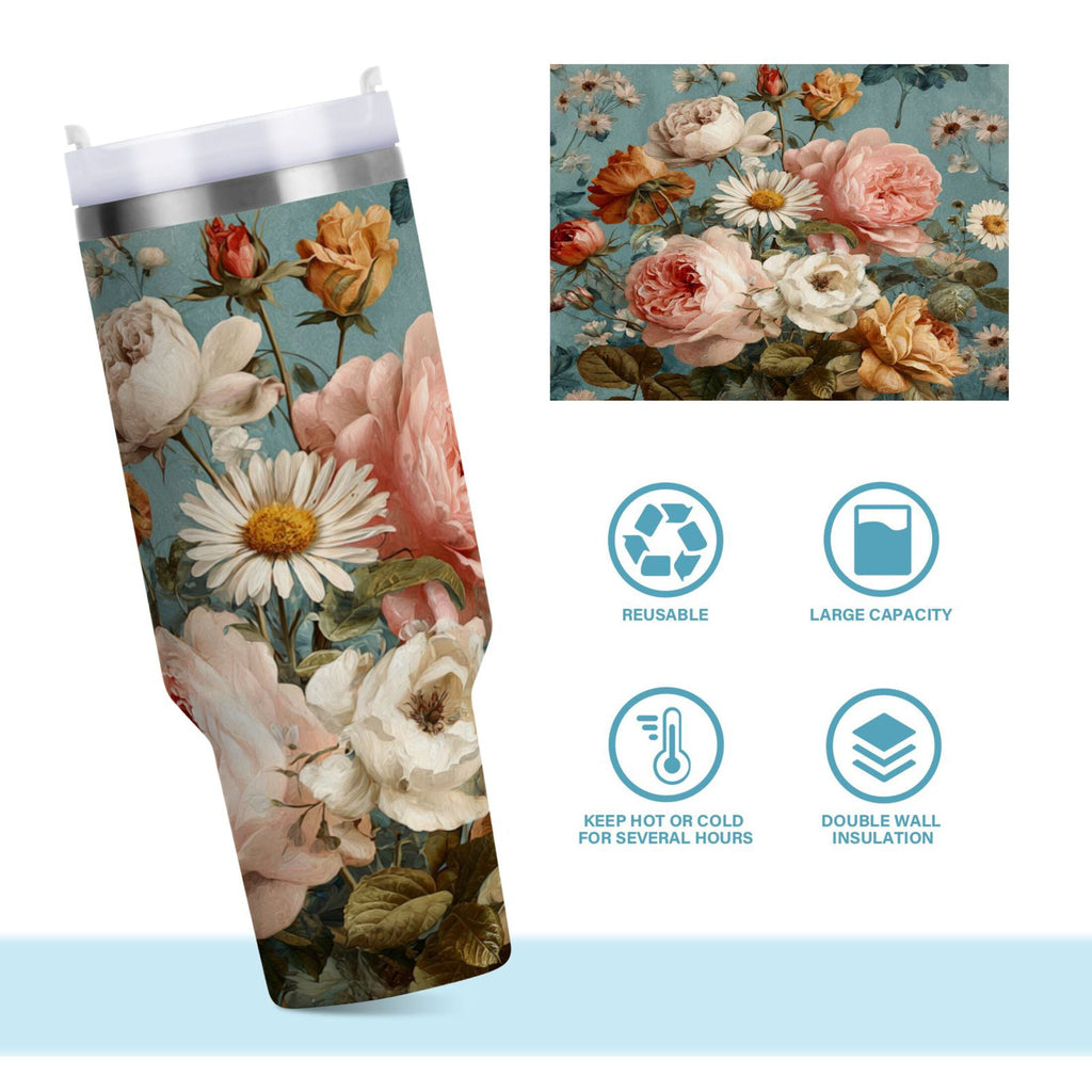 30 oz Insulated Stainless Steel Tumbler Double Wall Stainless Steel Tumbler with 2-Way Drinking Vintage Roses and Peonies M667B
