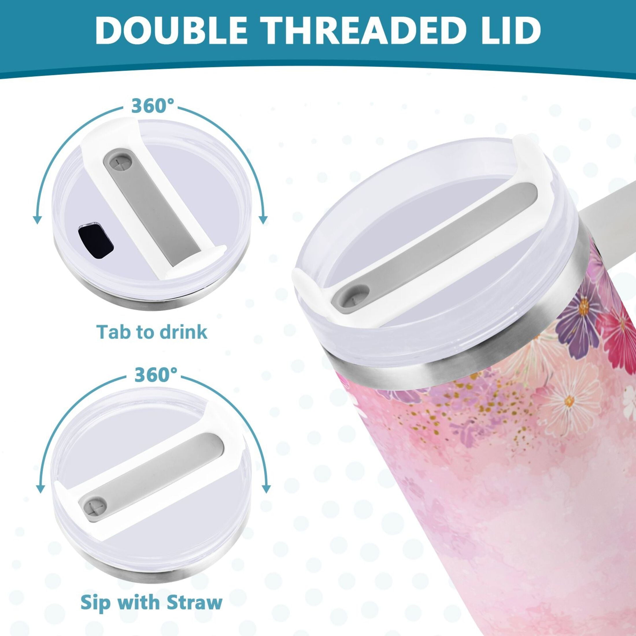 30 oz Insulated Stainless Steel Tumbler Double Wall Stainless Steel Tumbler with 2-Way Drinking Colorful Pastel Floral Pattern M514G
