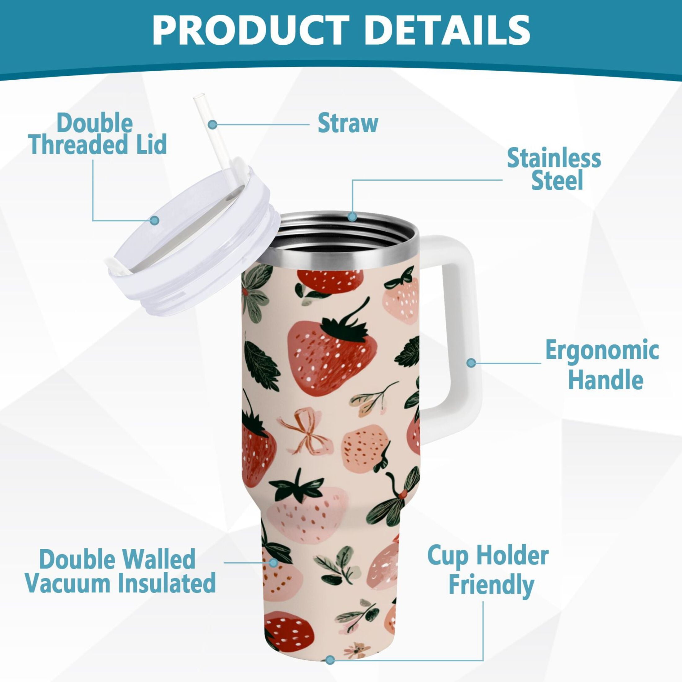 30 oz Insulated Stainless Steel Tumbler Double Wall Stainless Steel Tumbler with 2-Way Drinking Cute Pinks Strawberries M596G