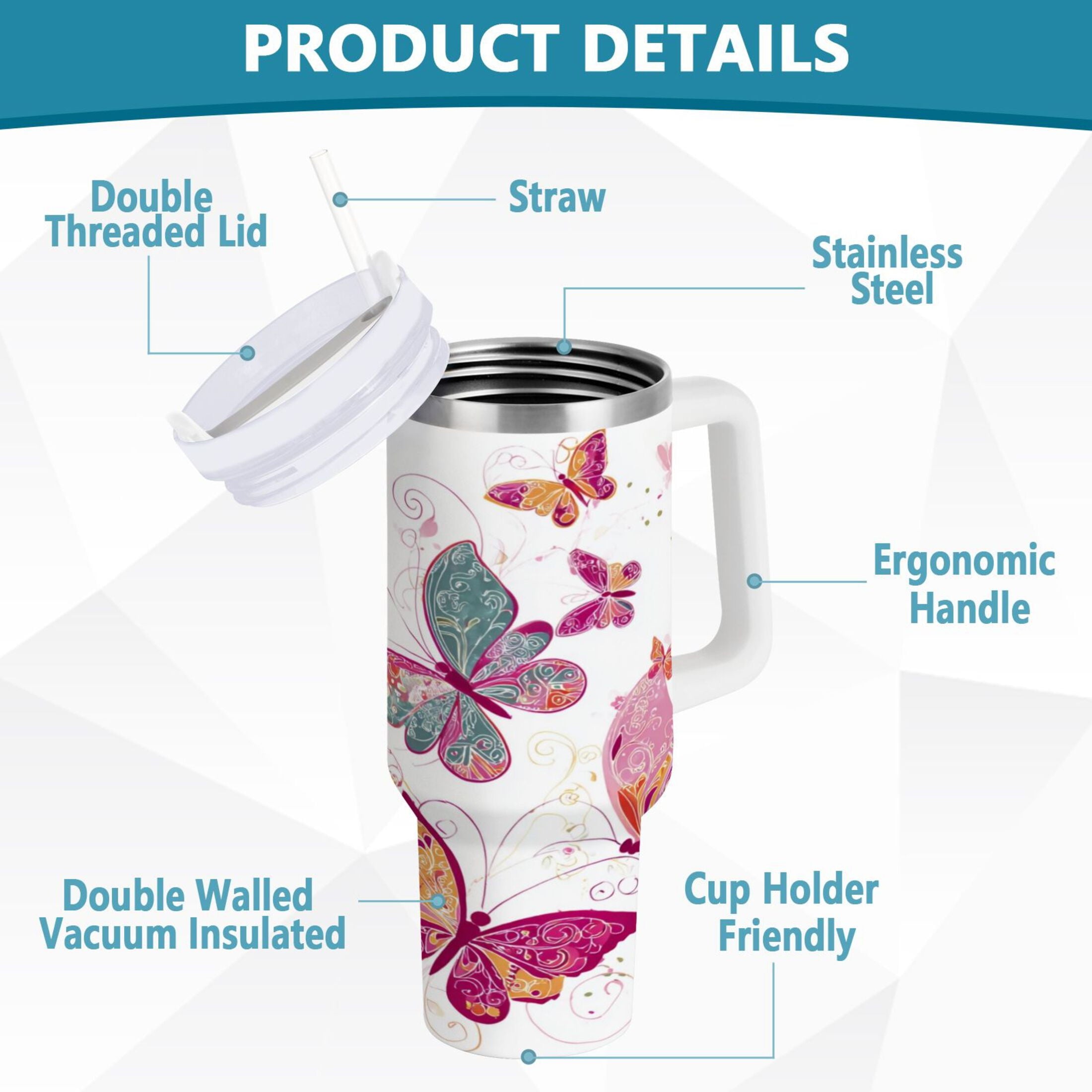 30 oz Insulated Stainless Steel Tumbler Double Wall Stainless Steel Tumbler with 2-Way Drinking Colorful Butterflies M605A