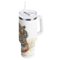 30 oz Insulated Stainless Steel Tumbler Double Wall Stainless Steel Tumbler with 2-Way Drinking Tiger in Action M457N