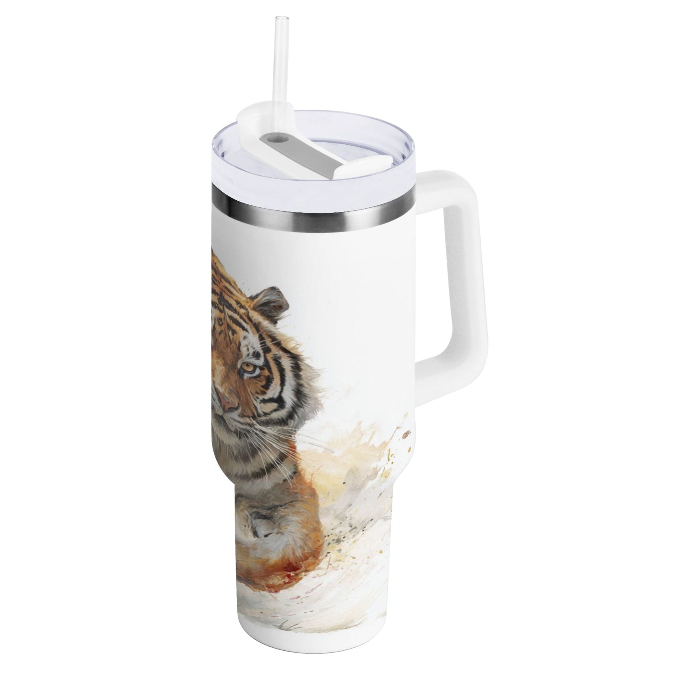 30 oz Insulated Stainless Steel Tumbler Double Wall Stainless Steel Tumbler with 2-Way Drinking Tiger in Action M457N