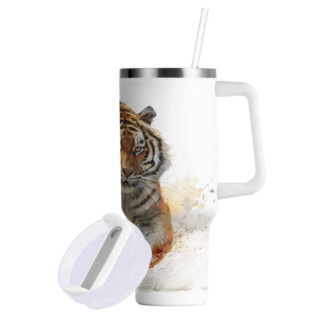 30 oz Insulated Stainless Steel Tumbler Double Wall Stainless Steel Tumbler with 2-Way Drinking Tiger in Action M457N