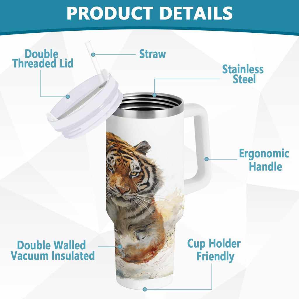 30 oz Insulated Stainless Steel Tumbler Double Wall Stainless Steel Tumbler with 2-Way Drinking Tiger in Action M457N