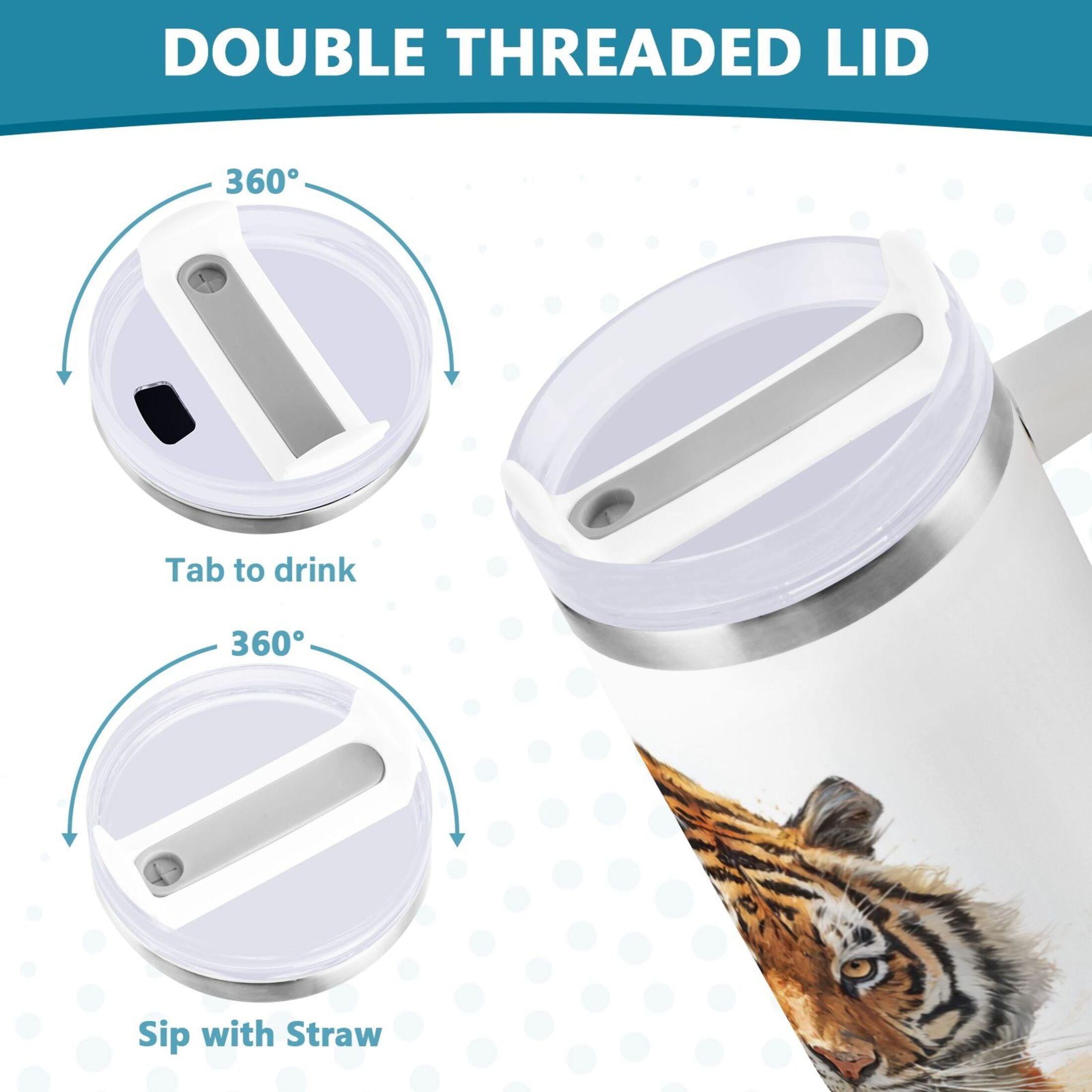 30 oz Insulated Stainless Steel Tumbler Double Wall Stainless Steel Tumbler with 2-Way Drinking Tiger in Action M457N