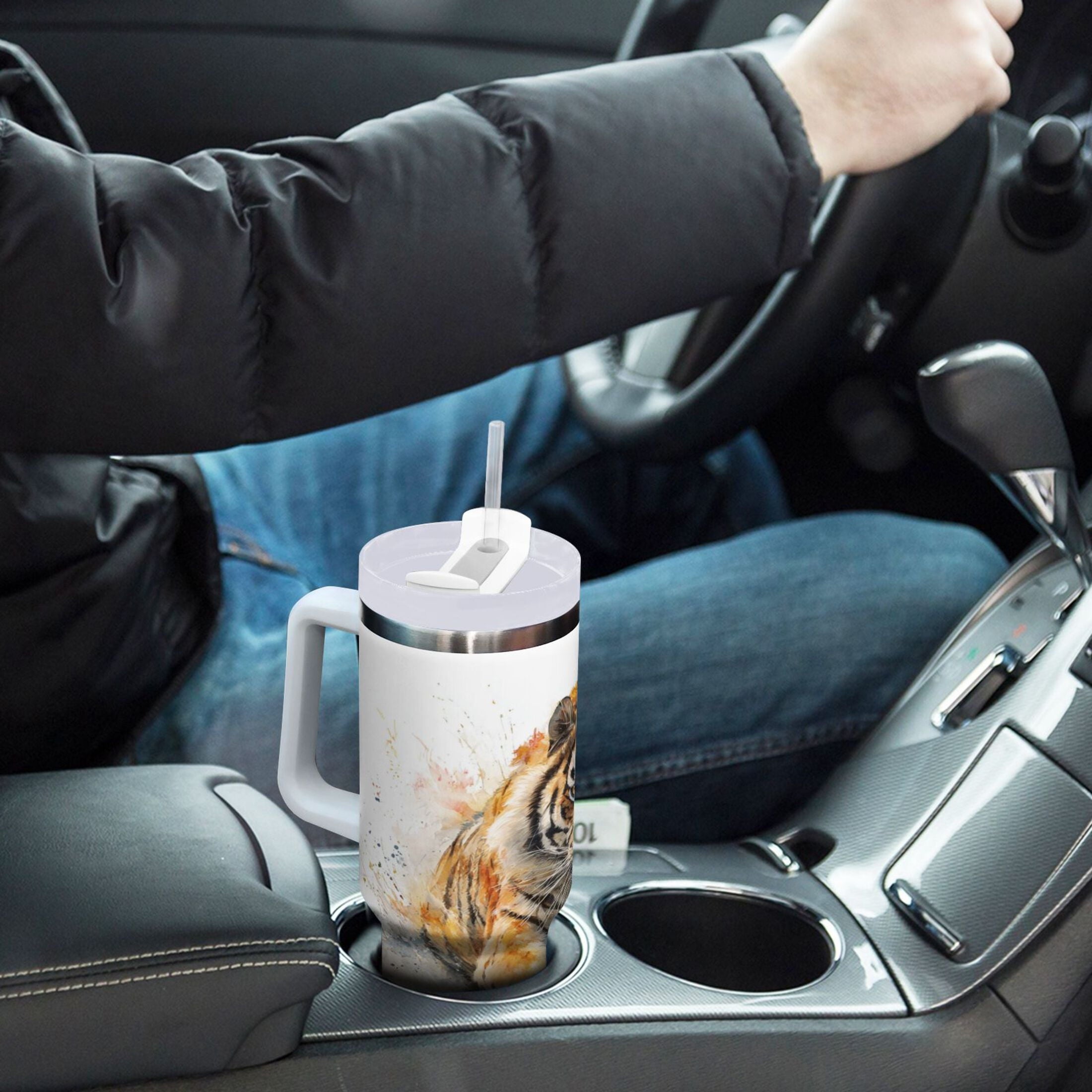 30 oz Insulated Stainless Steel Tumbler Double Wall Stainless Steel Tumbler with 2-Way Drinking Tiger in Action M457N